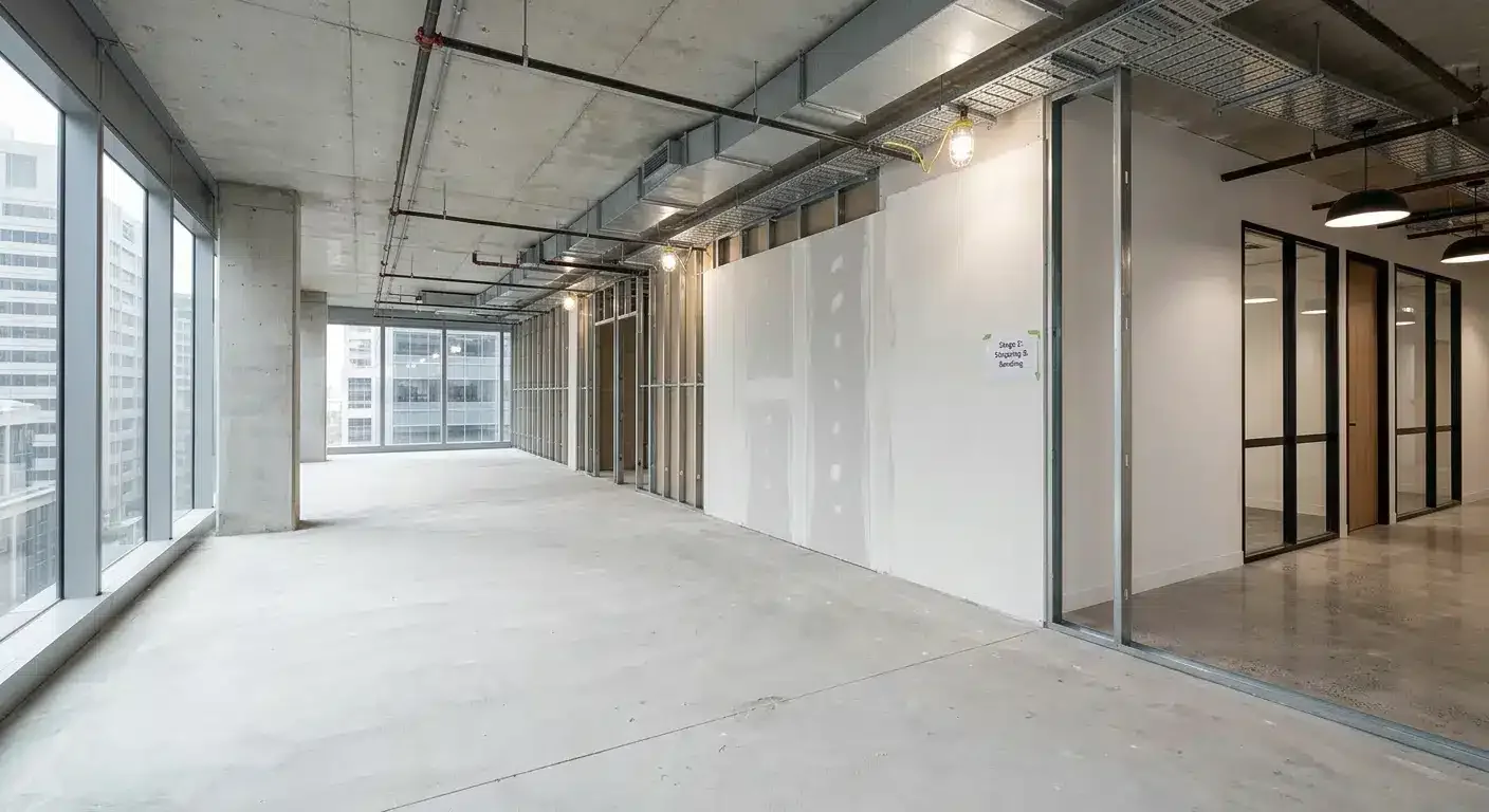 Sydney CBD cold shell with exposed slab and services, plasterboard walls being built