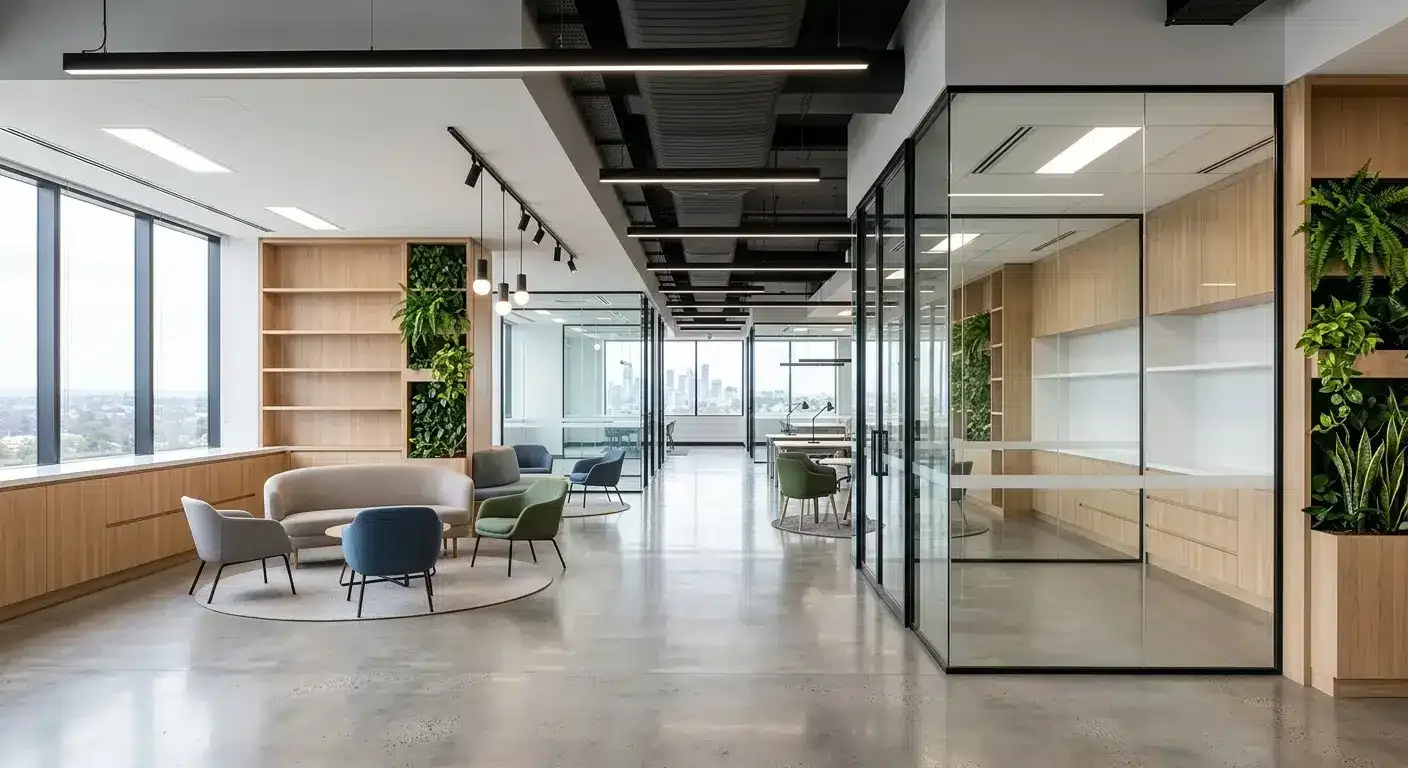 Completed office fitout with glass meeting rooms, timber joinery and a breakout area