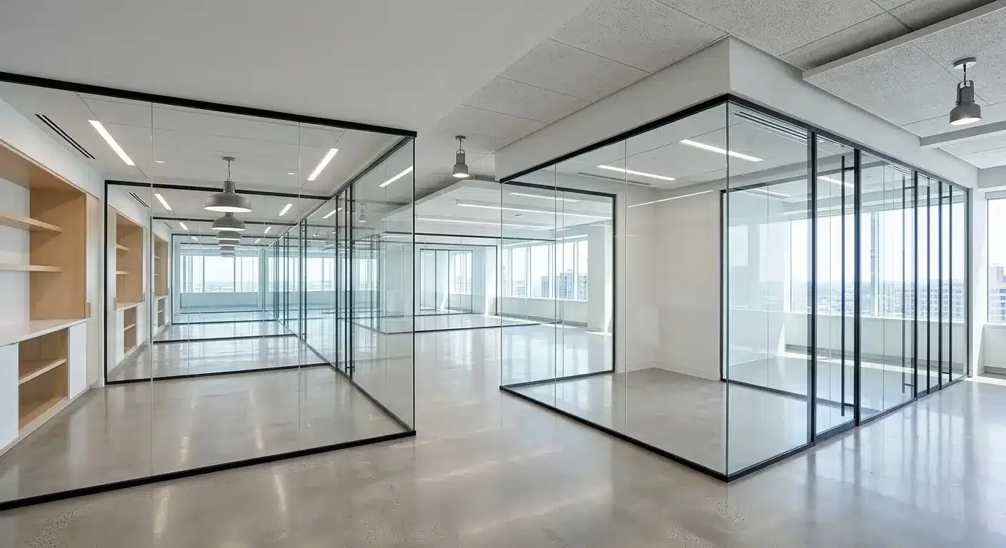 Black-framed glass partition rooms on a Sydney commercial floor