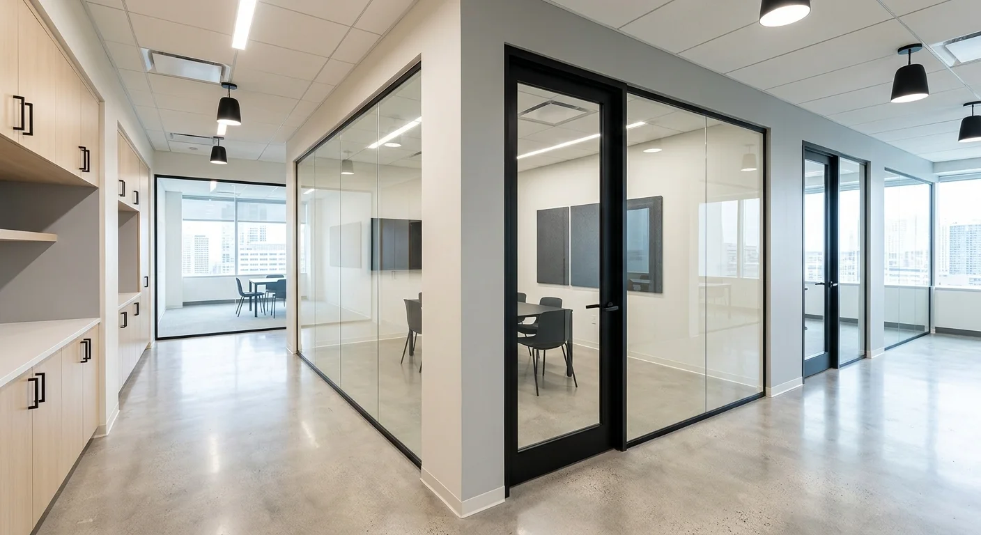Commercial office partition system with glass doors and hardware, refreshed between leases