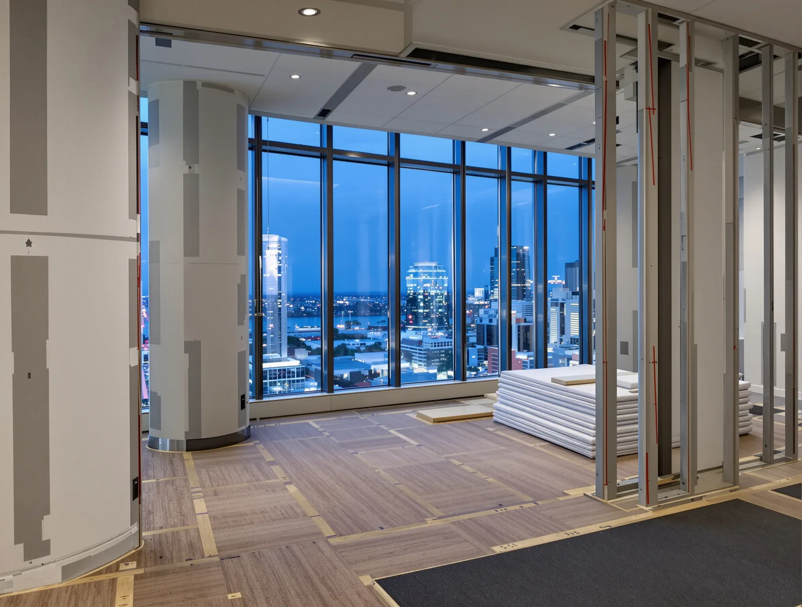 Steel stud framing and stacked plasterboard inside a protected tenancy in a commercial tower, city buildings lit outside the window wall.