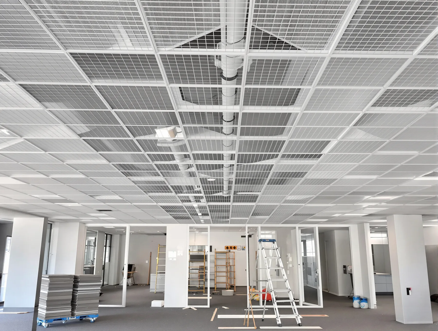 A suspended ceiling part way through installation, the grid hung square with about half the tiles laid and ductwork and cable tray visible above.