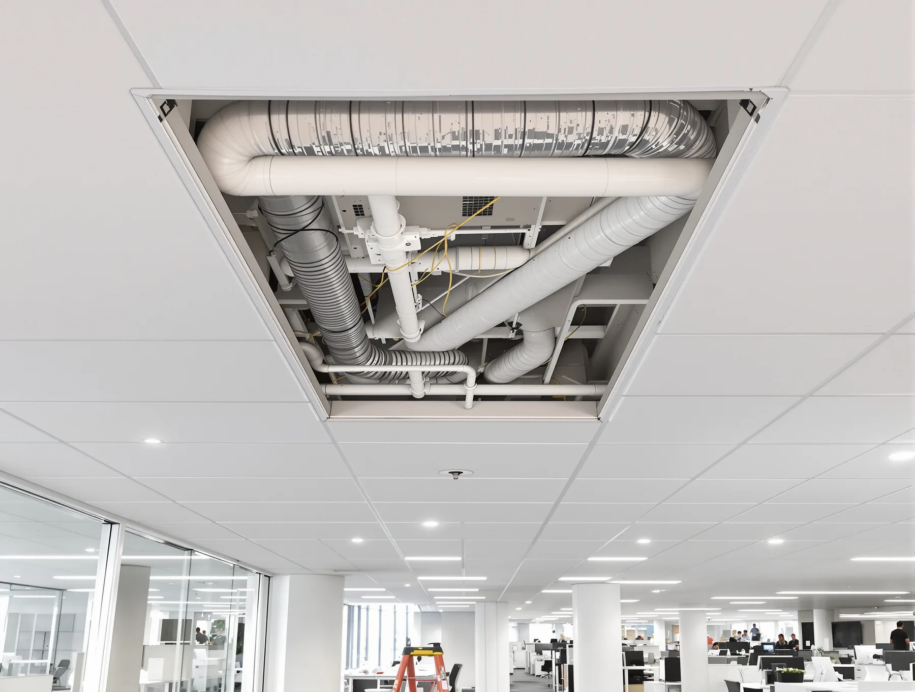 A ceiling tile lifted out of the grid to show coordinated ductwork, cable tray and sprinkler pipework running clear in the void above.