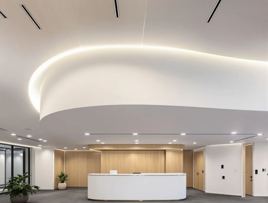 A curved timber slat feature ceiling floating below a white plasterboard bulkhead, with concealed cove lighting washing along it.