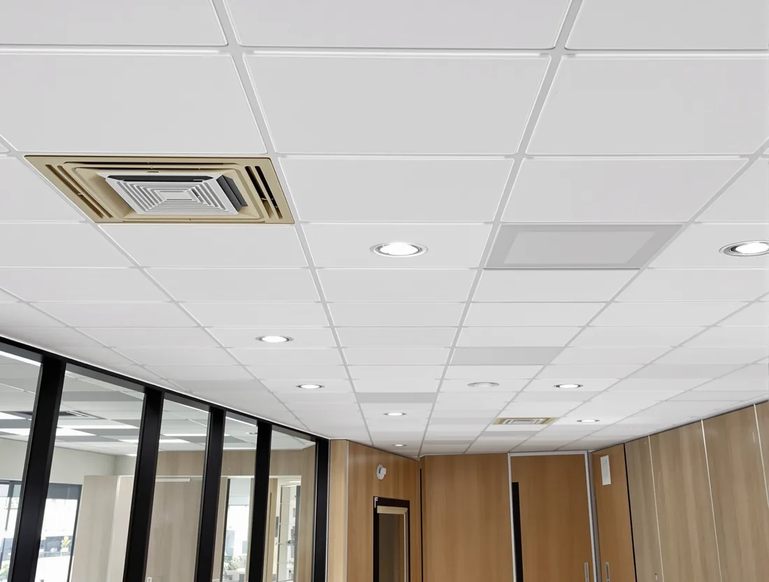 A completed suspended grid ceiling with solid lay-in tiles, a cassette air conditioning unit and downlights, over glass-fronted offices.