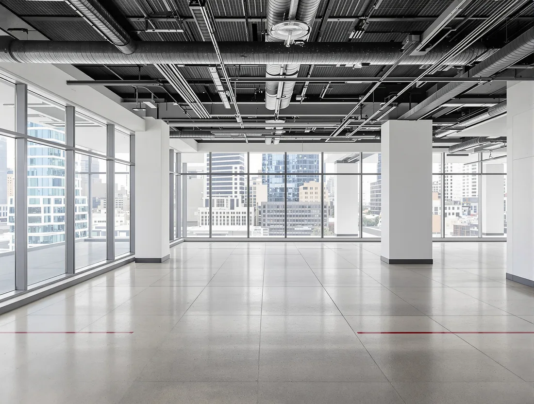 An empty commercial tenancy returned to base building condition, slab swept, ceiling open and walls unmarked.