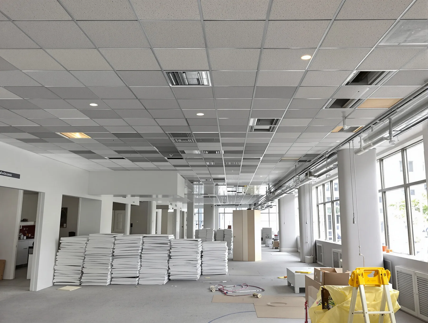 A suspended ceiling being taken down during a defit, tiles stacked flat on the floor and the ductwork and cable tray exposed above the bare grid.