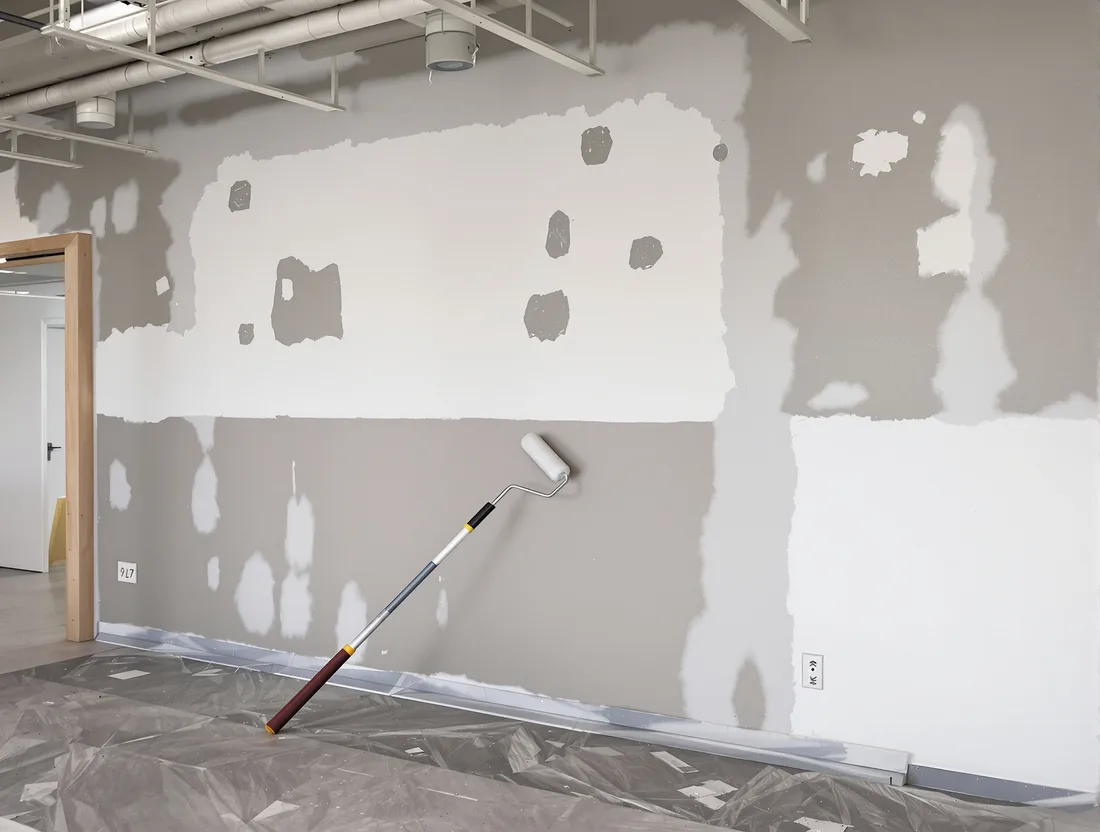 A base building wall being patched over old fixings and repainted as part of make good works.
