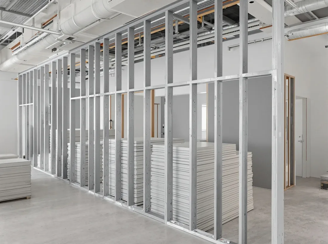 Tenant partitions being dismantled and sorted for disposal during a controlled strip out.