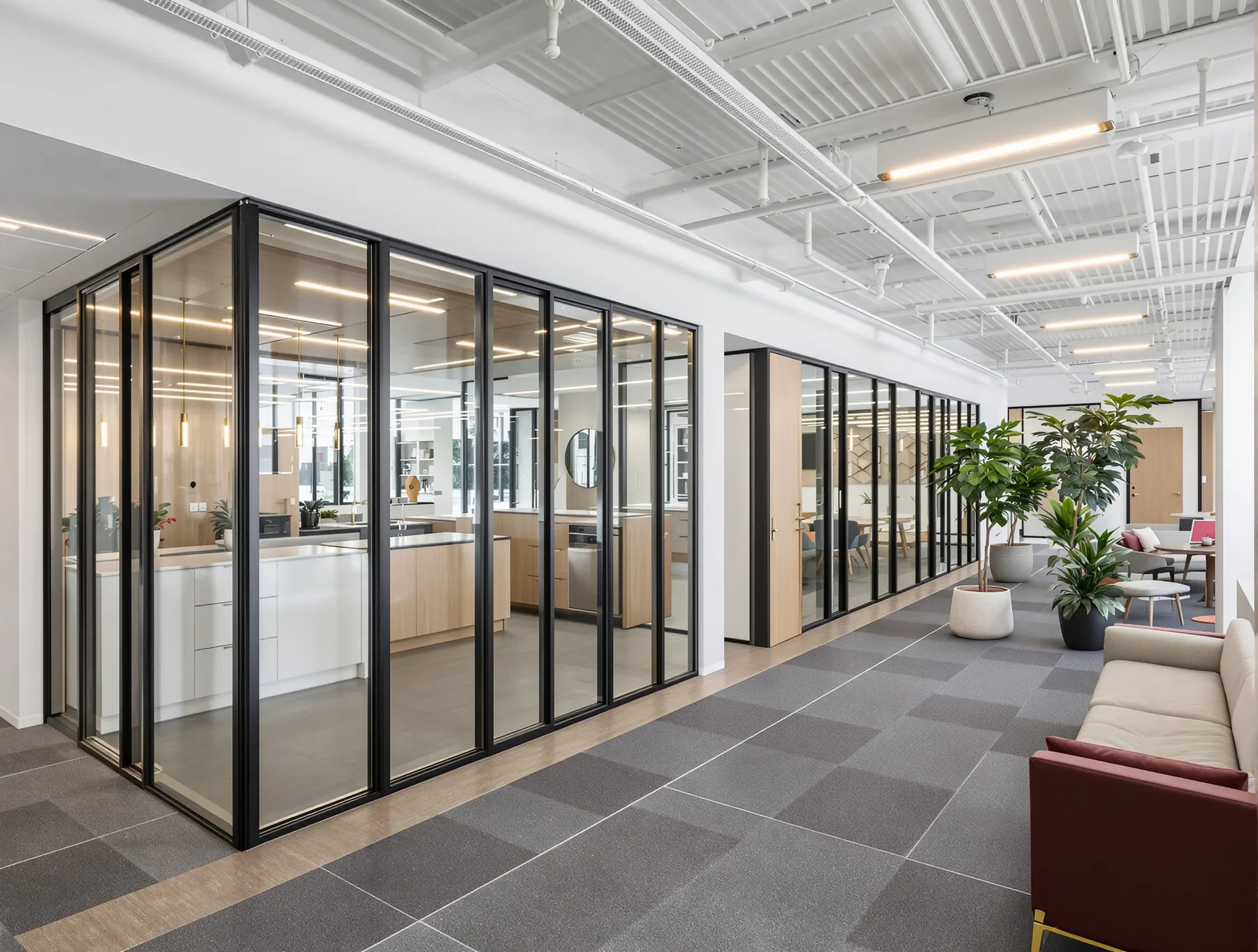 A completed fitout where the glass partitions, plasterboard walls, joinery, flooring and ceiling all meet, seen across one floor.