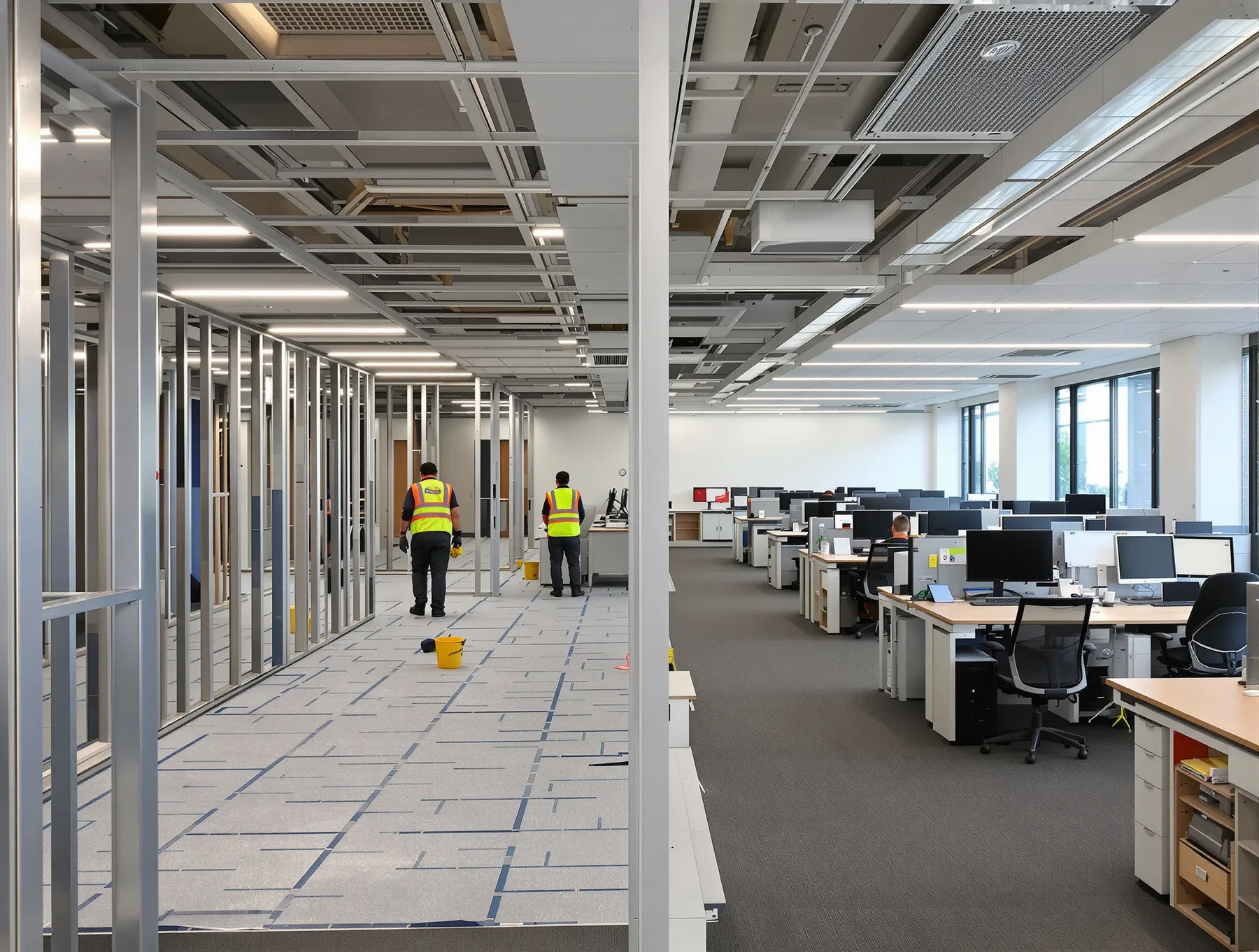 A staged fitout zone with new framing and floor protection on one half of a floor, and people still working at their desks on the other.
