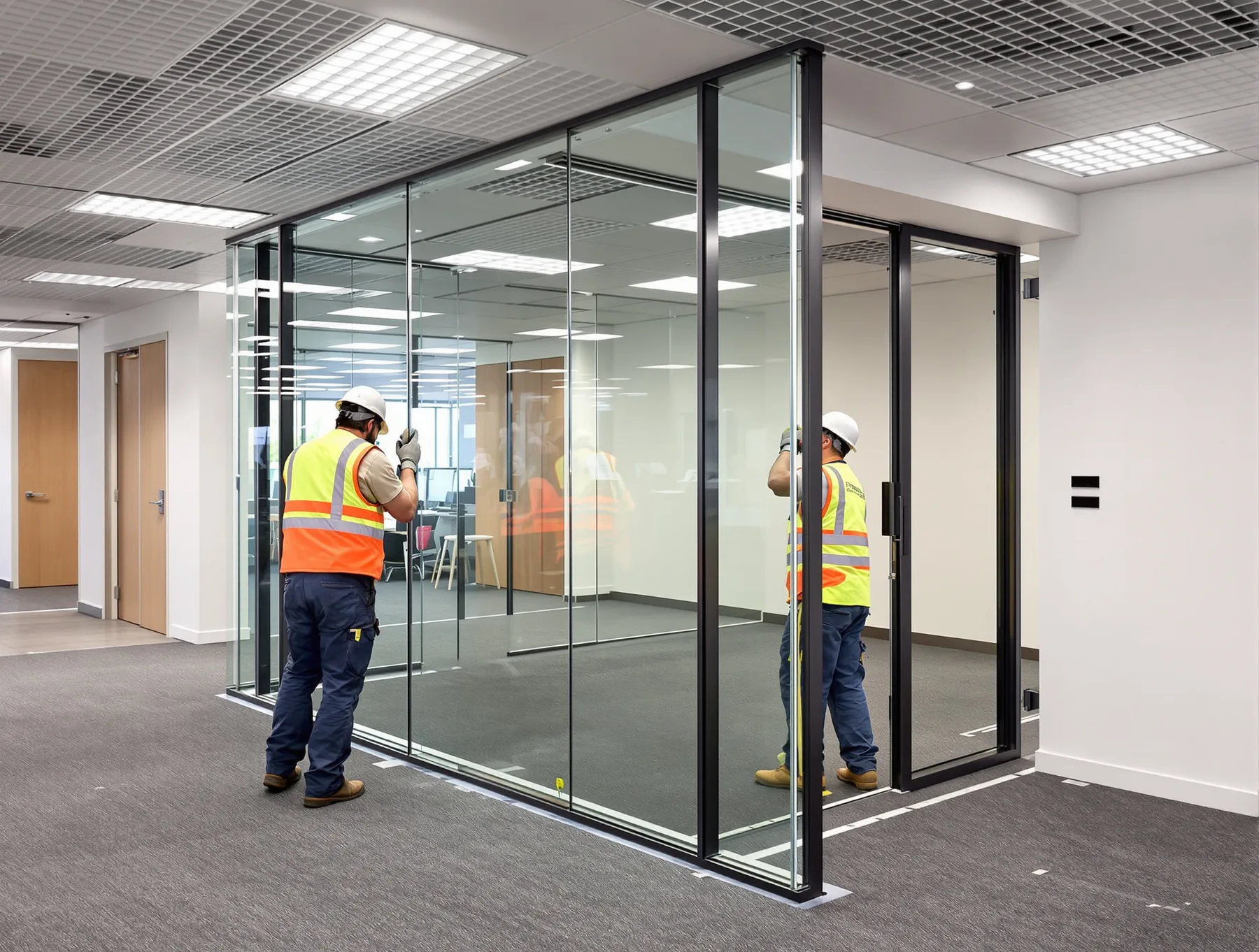 Two installers in high-vis positioning a full-height glass panel into its track, with floor protection down and an occupied office floor beyond.
