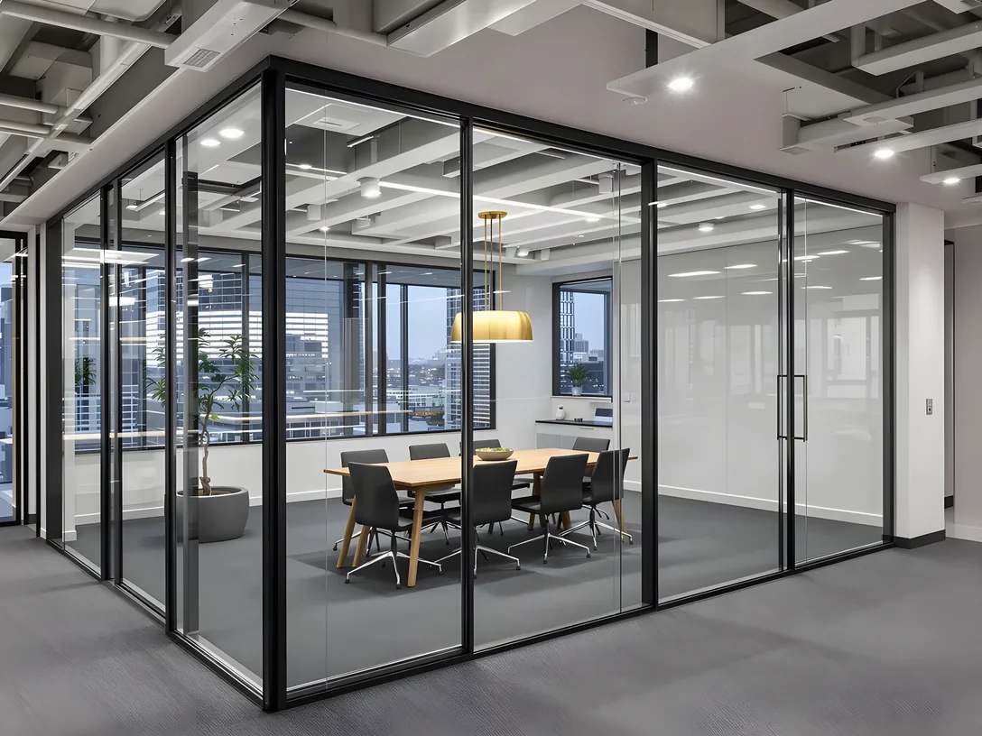 A glass-walled meeting room in a modern office with the glass clear, the table and chairs inside plainly visible.