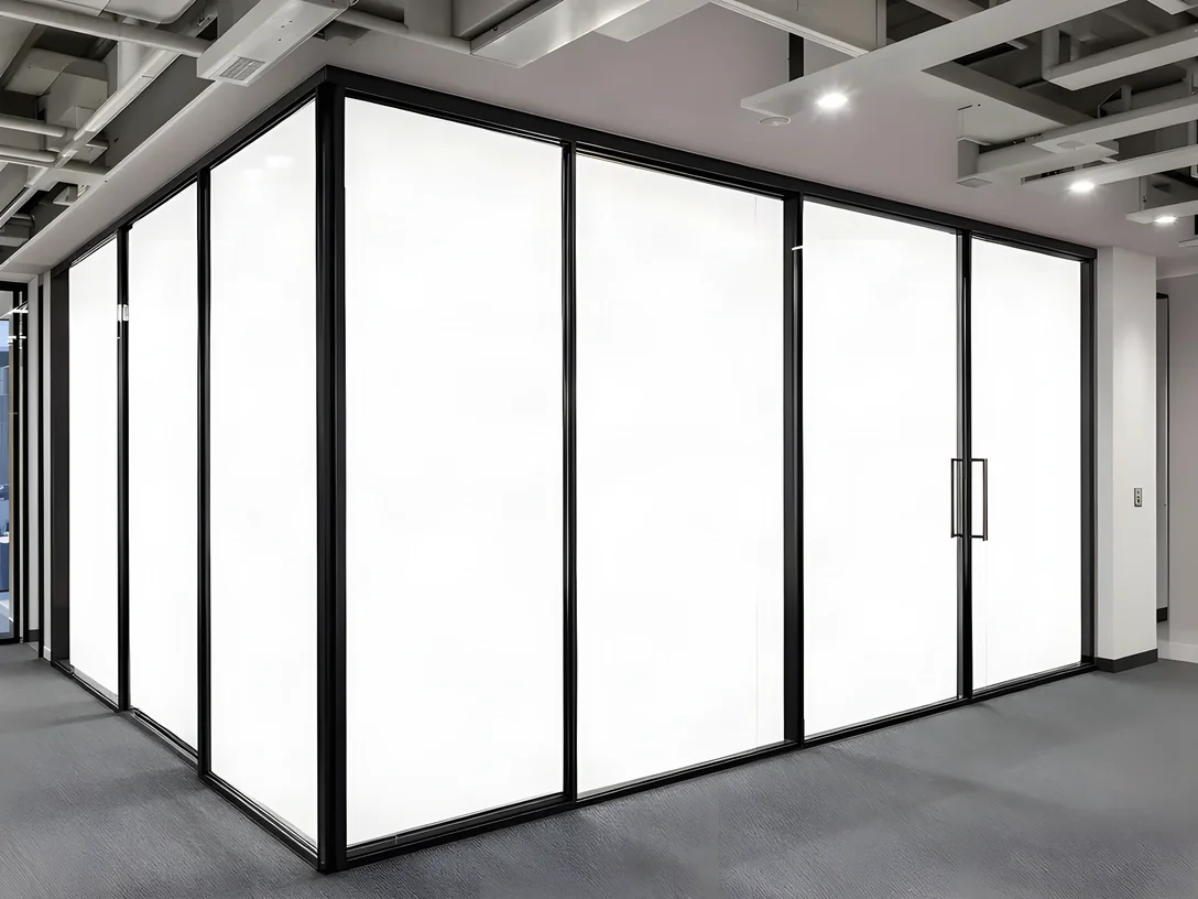 The same meeting room from the same position with the glass switched to solid opaque white, hiding everything inside.