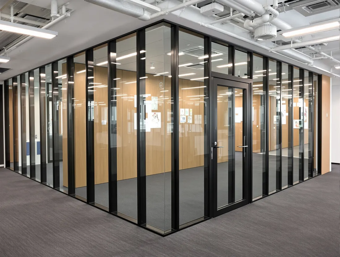 A glass meeting room wall in a black aluminium framing system, with a defined mullion between each pane.