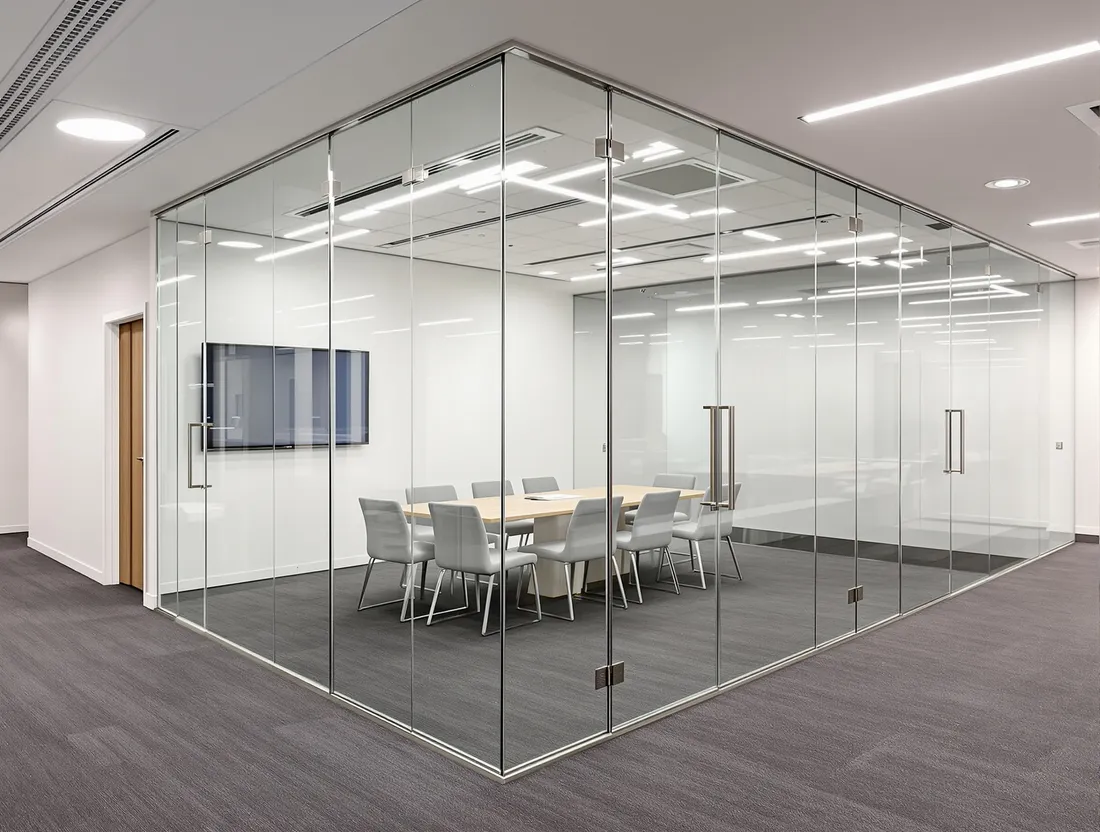 A frameless glass meeting room wall with panels butt-jointed edge to edge and no vertical framing between them.