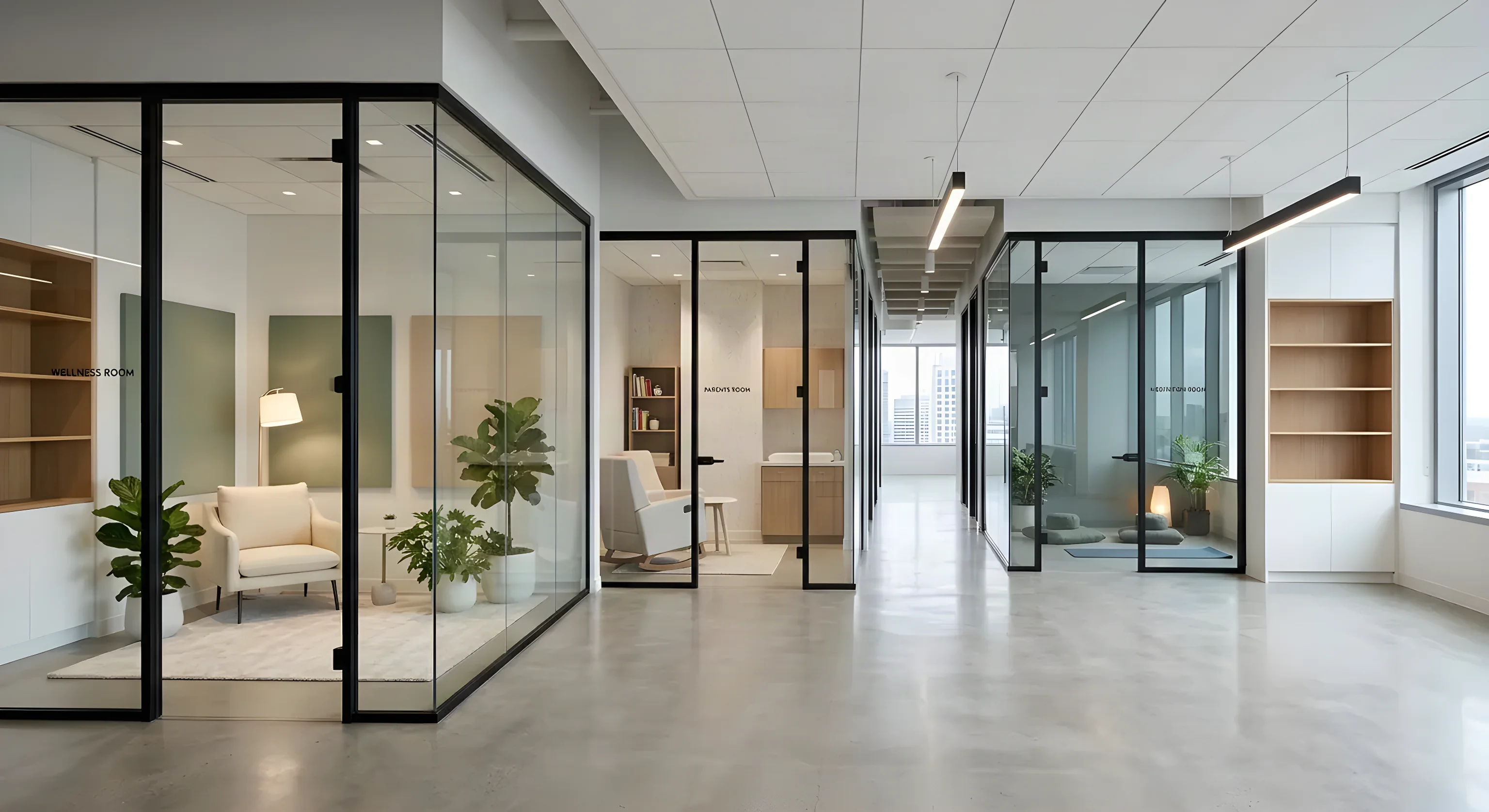 Glass-partitioned wellness, parents and meditation rooms built into an open-plan Sydney office floor, with timber joinery and a suspended ceiling