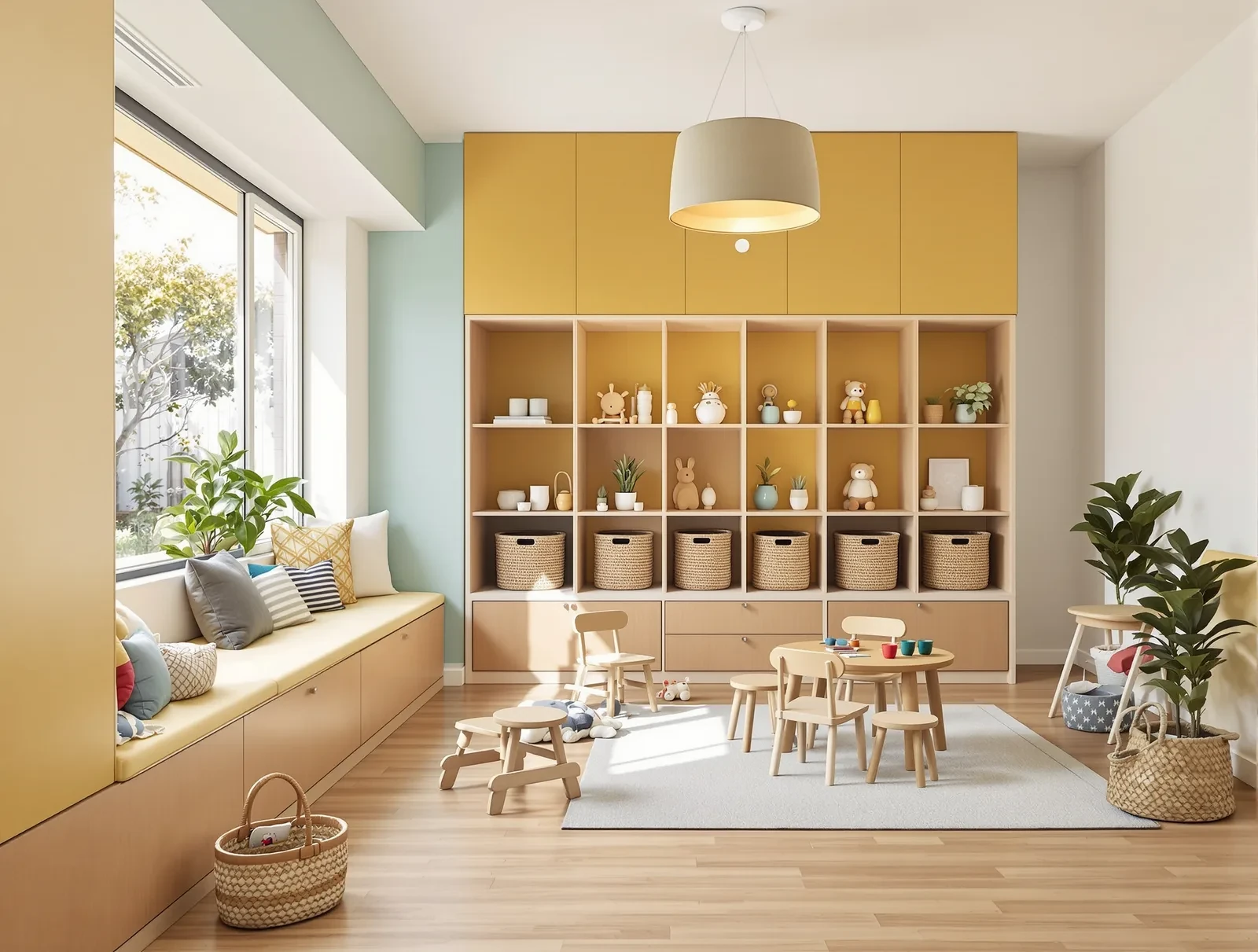 Early learning room with low plywood joinery, storage shelving and a reading corner