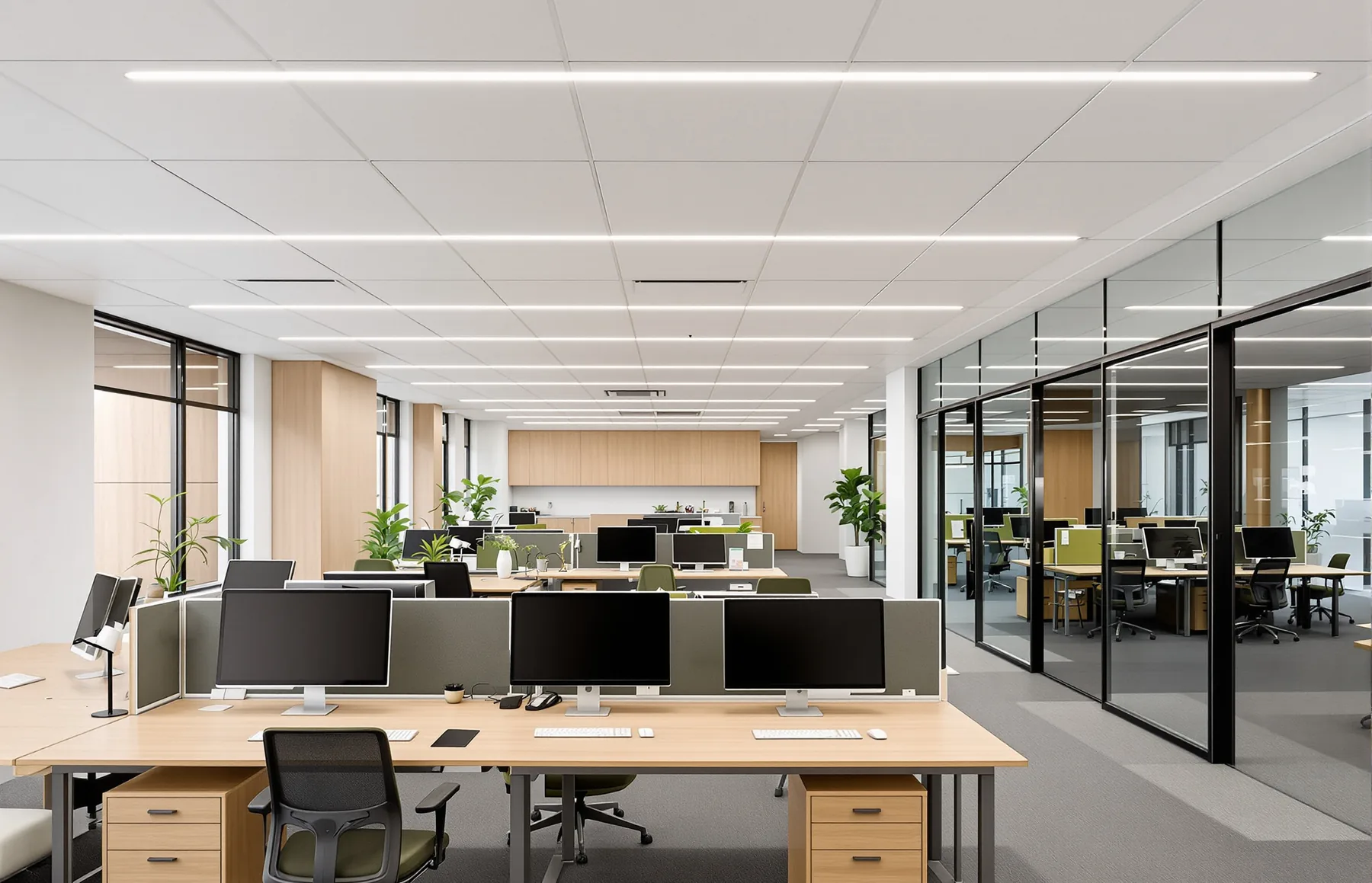 Open-plan office with oak workstations, black-framed glass rooms down one side and oak joinery beyond