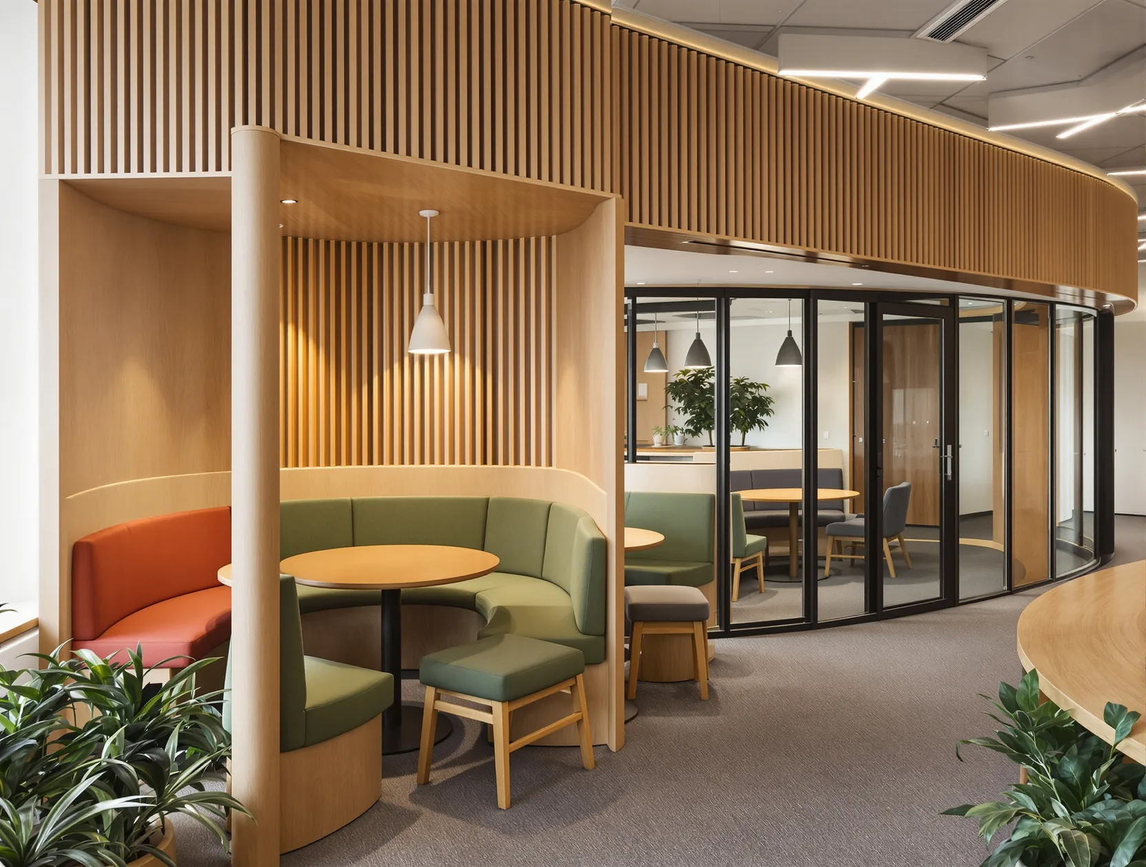 Student breakout space with curved timber booth seating beside a glass-fronted seminar room