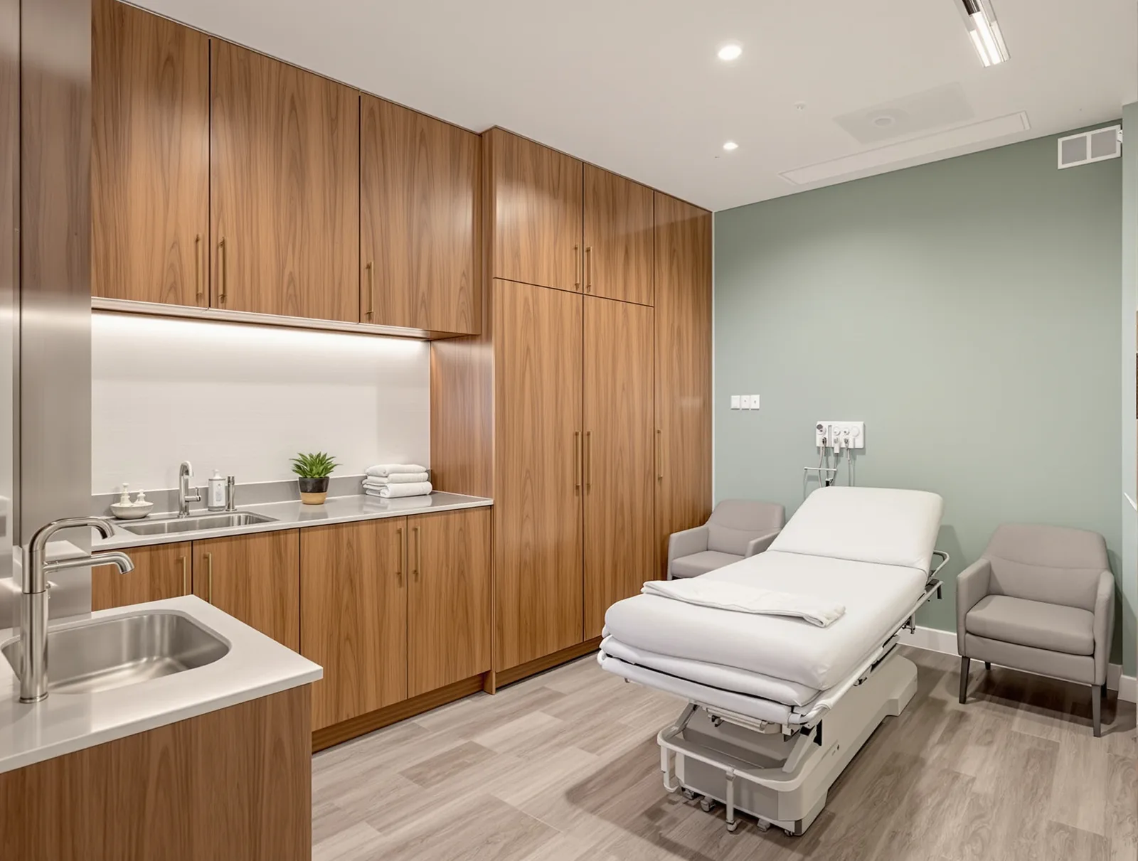 Consulting room with timber joinery, hand basin and examination bed