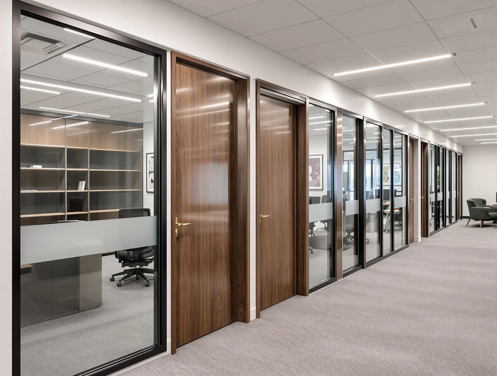 Row of private offices with walnut doors and glazed fronts along a corridor in a professional firm