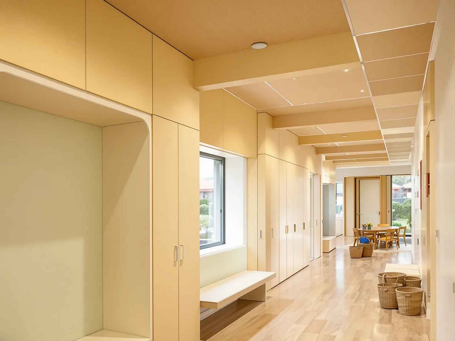 A corridor in an early learning centre with plywood locker joinery, a bench seat and daylight from a window at the end.