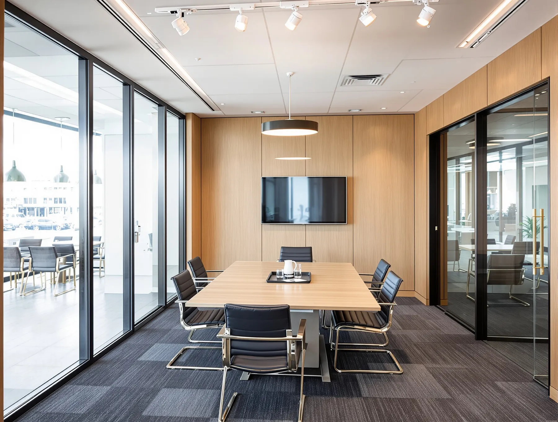 A glazed boardroom in a corporate office, with oak wall panelling, a meeting table and the window wall beyond.