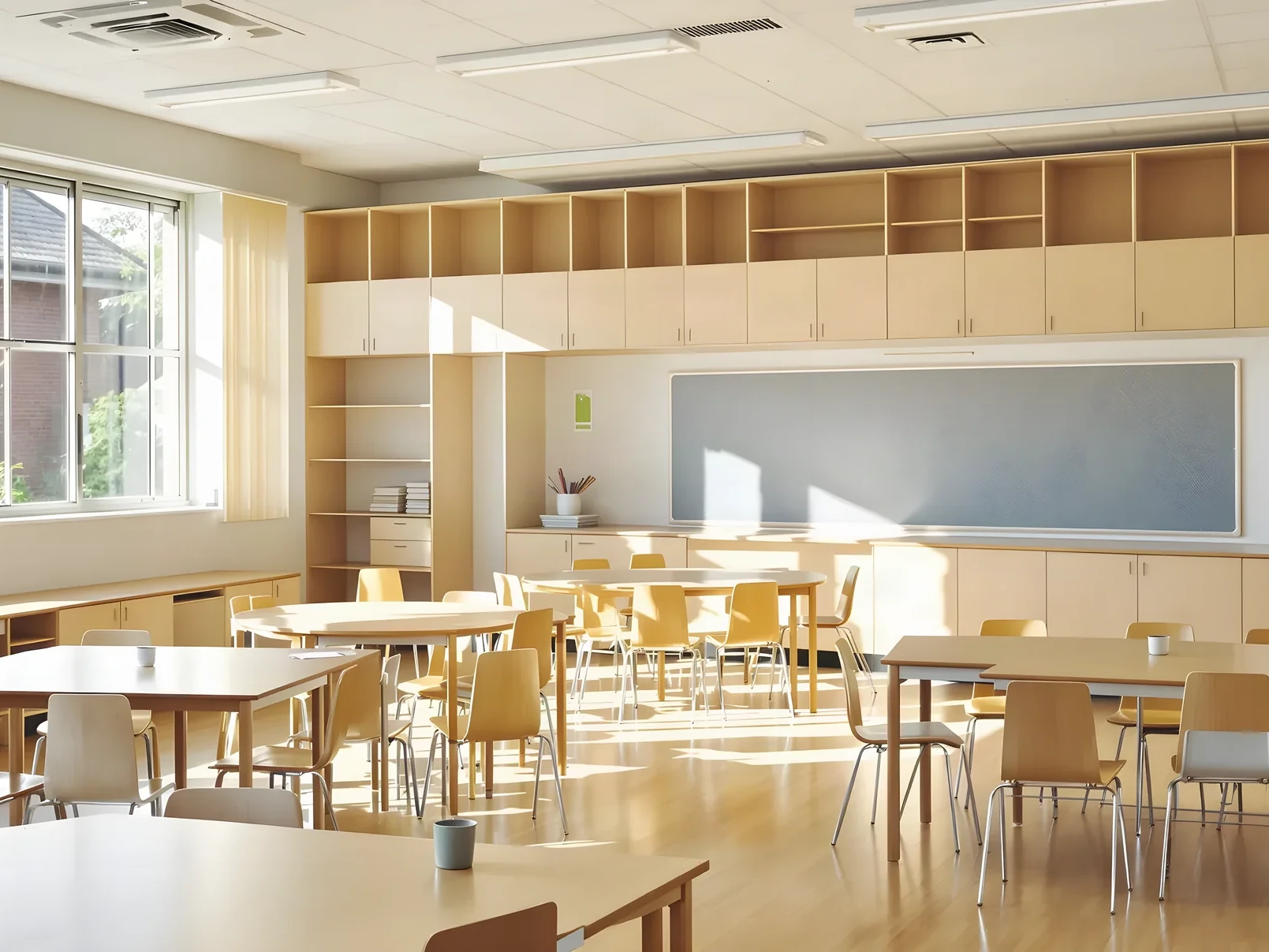 A school classroom with grouped tables and chairs, timber storage joinery along the wall and sunlight through the windows.