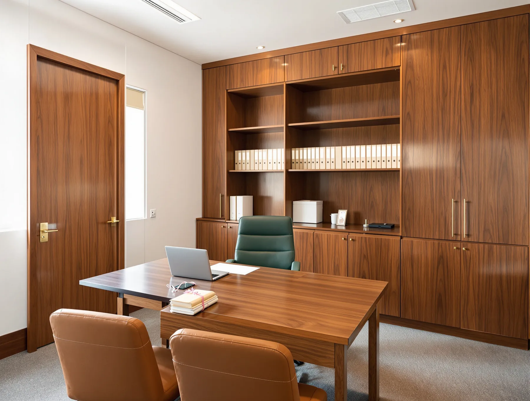 A private office in a law firm, with a timber desk, two leather client chairs and a wall of built-in walnut shelving.