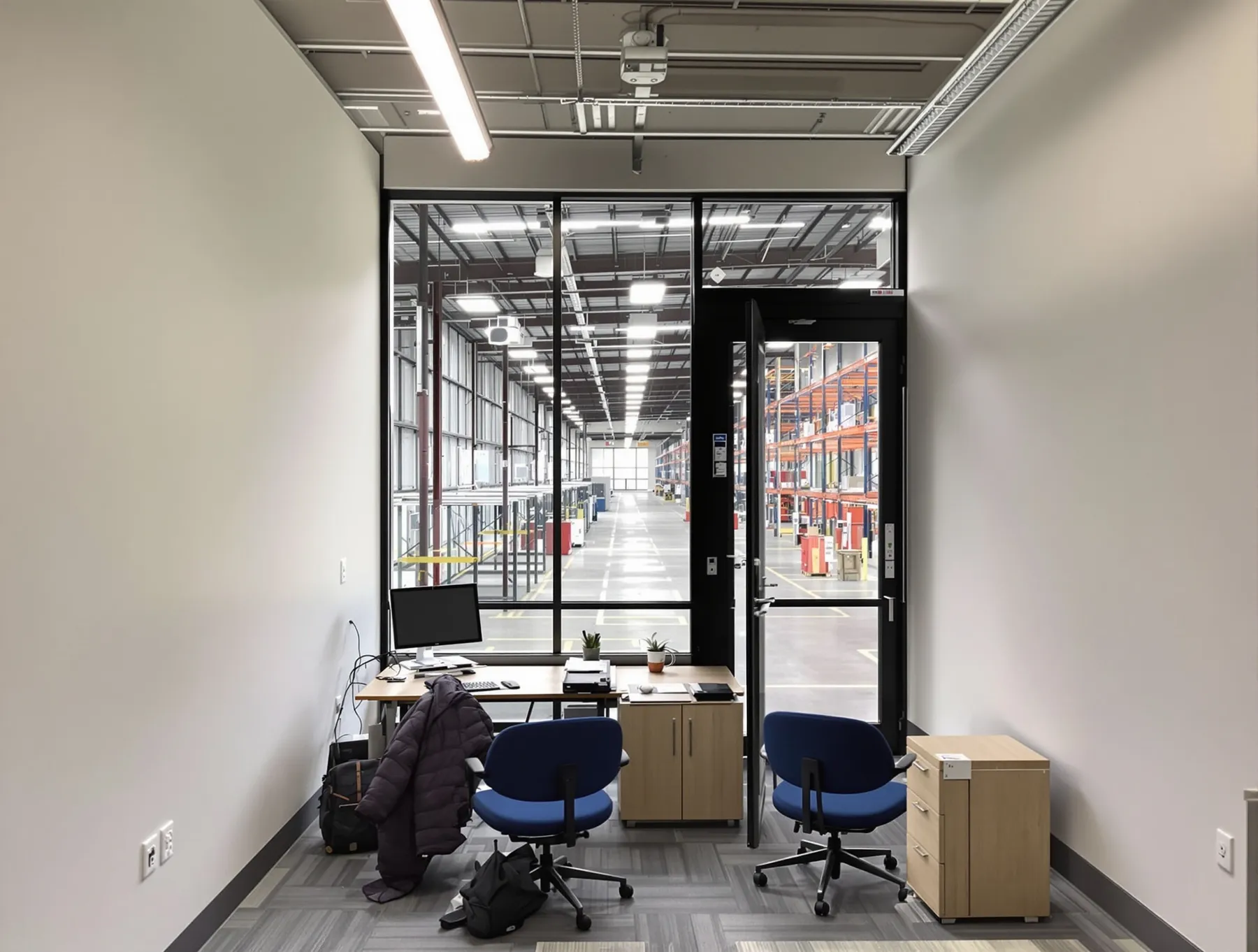 The inside of a warehouse office, with desks and chairs, looking out through internal glazing over the racking and the warehouse floor.