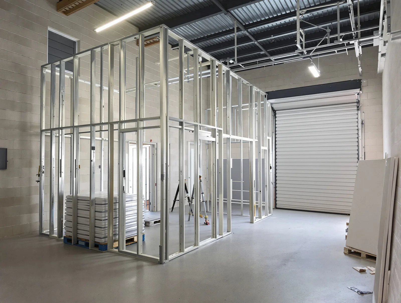 Framed and sheeted office walls inside a light industrial unit, with the roller door and workshop area visible beyond.