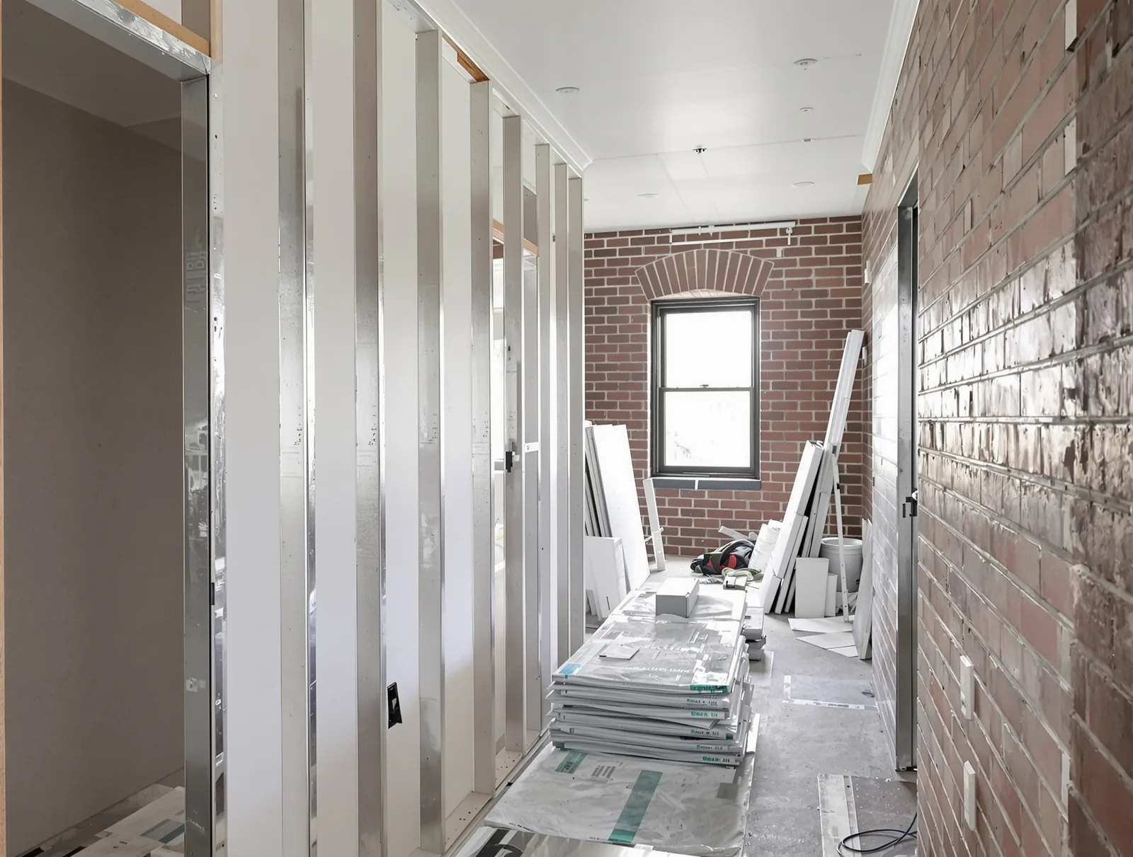 Steel stud framing and stacked plasterboard on a narrow landing in an older brick commercial building.