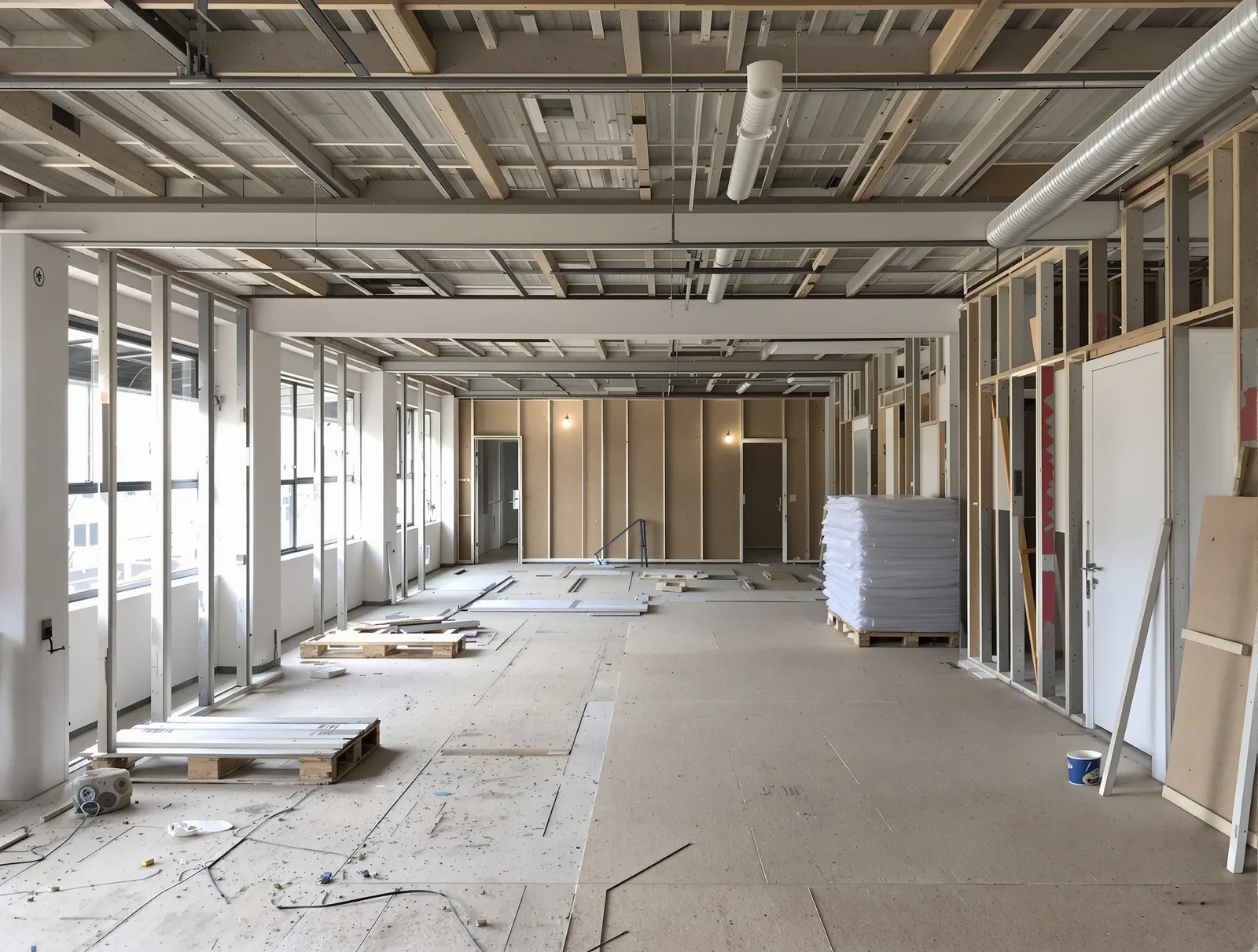 A Wollongong office tenancy mid strip-out, with ceiling grid removed and the slab and structure exposed above.