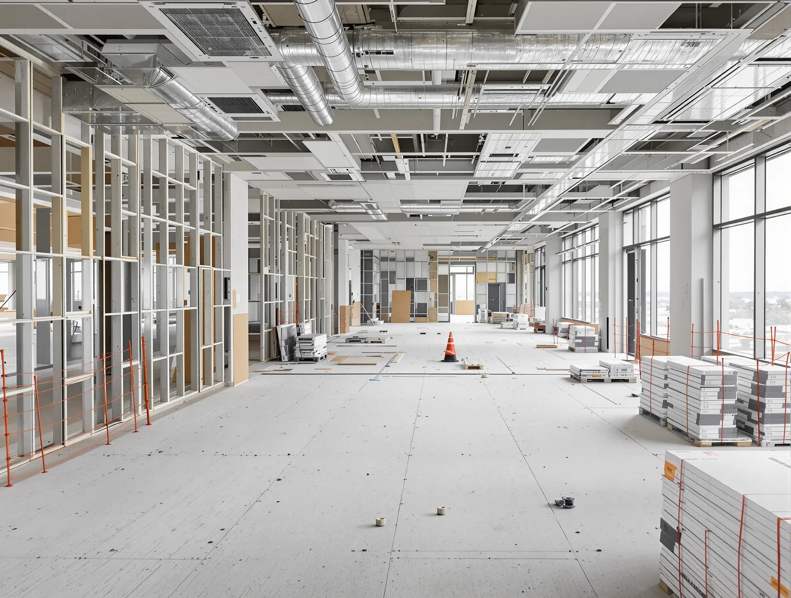 A large bare tenancy at the start of a fitout, with steel stud framing set out across it and pallets of plasterboard waiting.