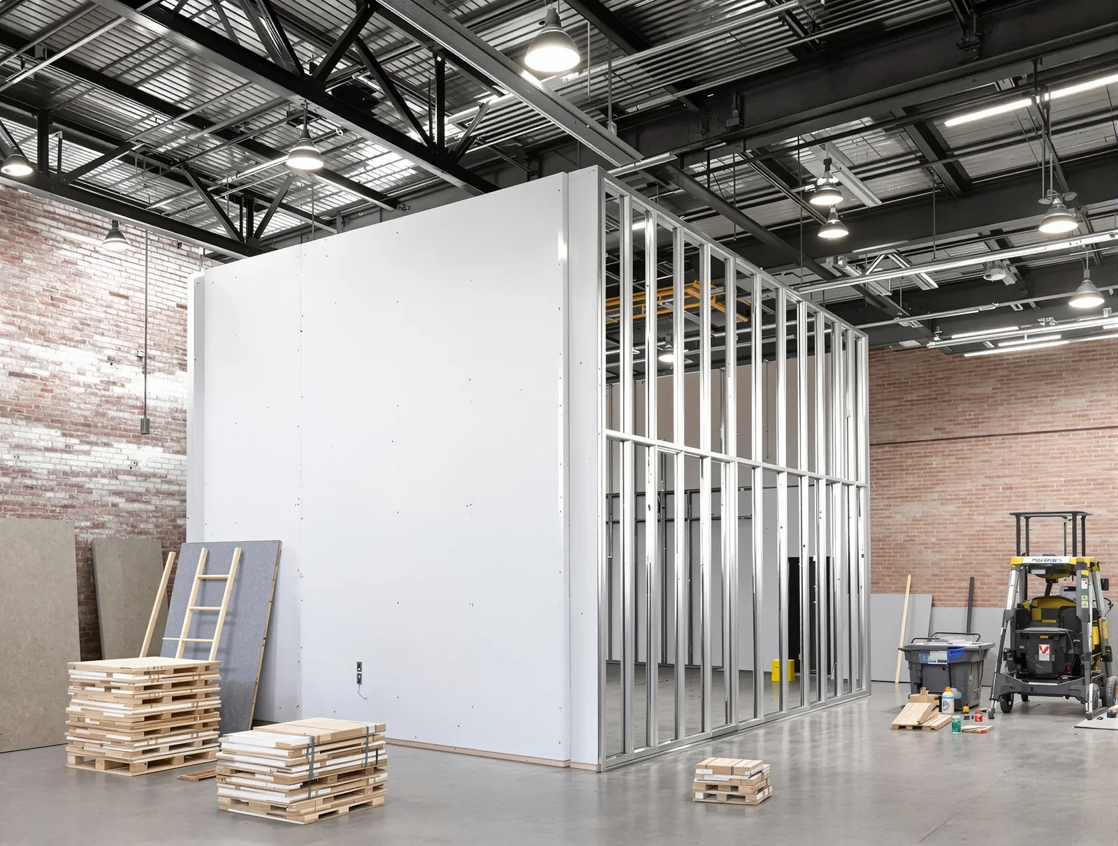 Steel stud framing and a sheeted wall standing inside a tall industrial shell, with the exposed structure left open above the new ceiling line.