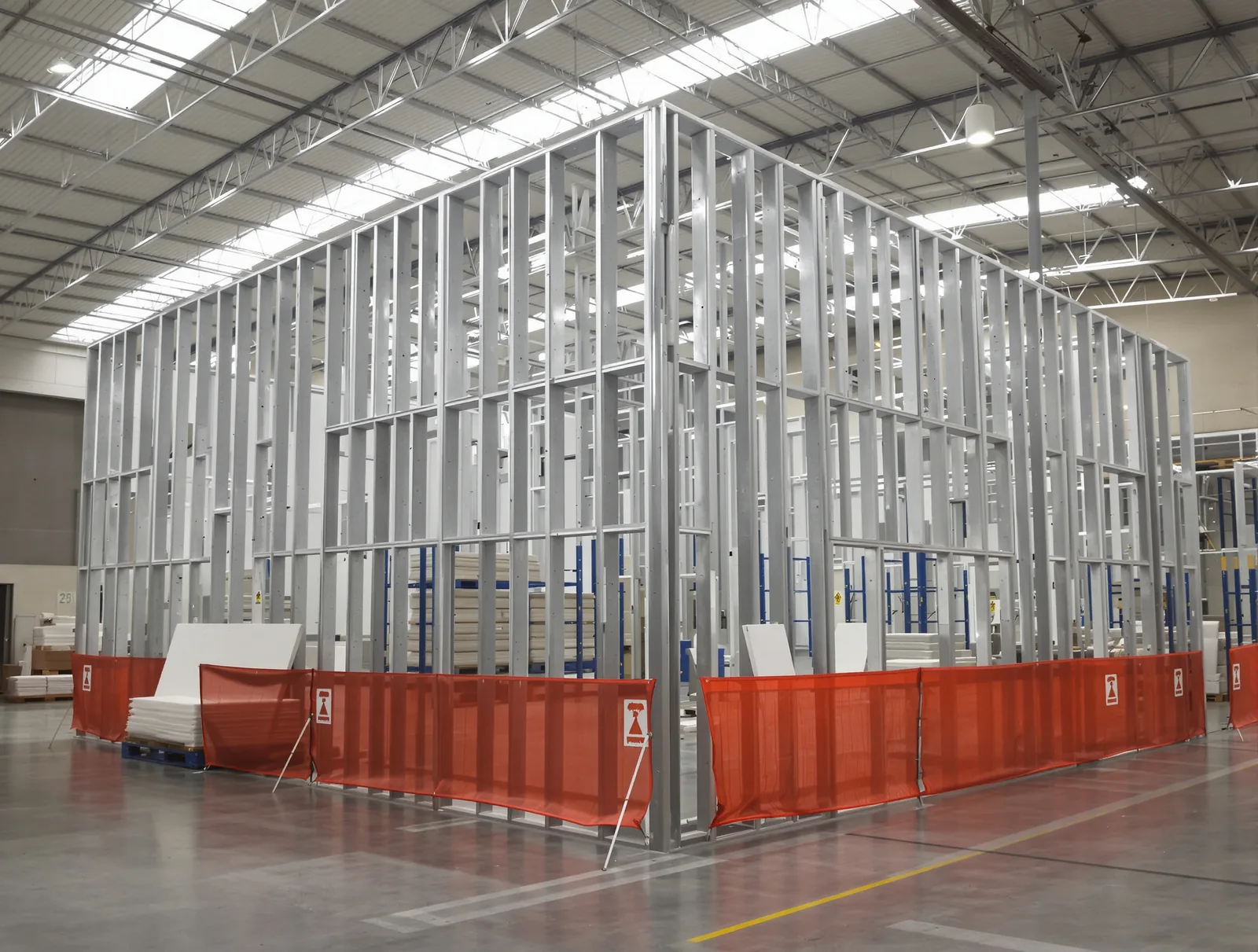 A two-storey office block under construction inside an operating warehouse, with hoarding separating the work area from the racking beyond.
