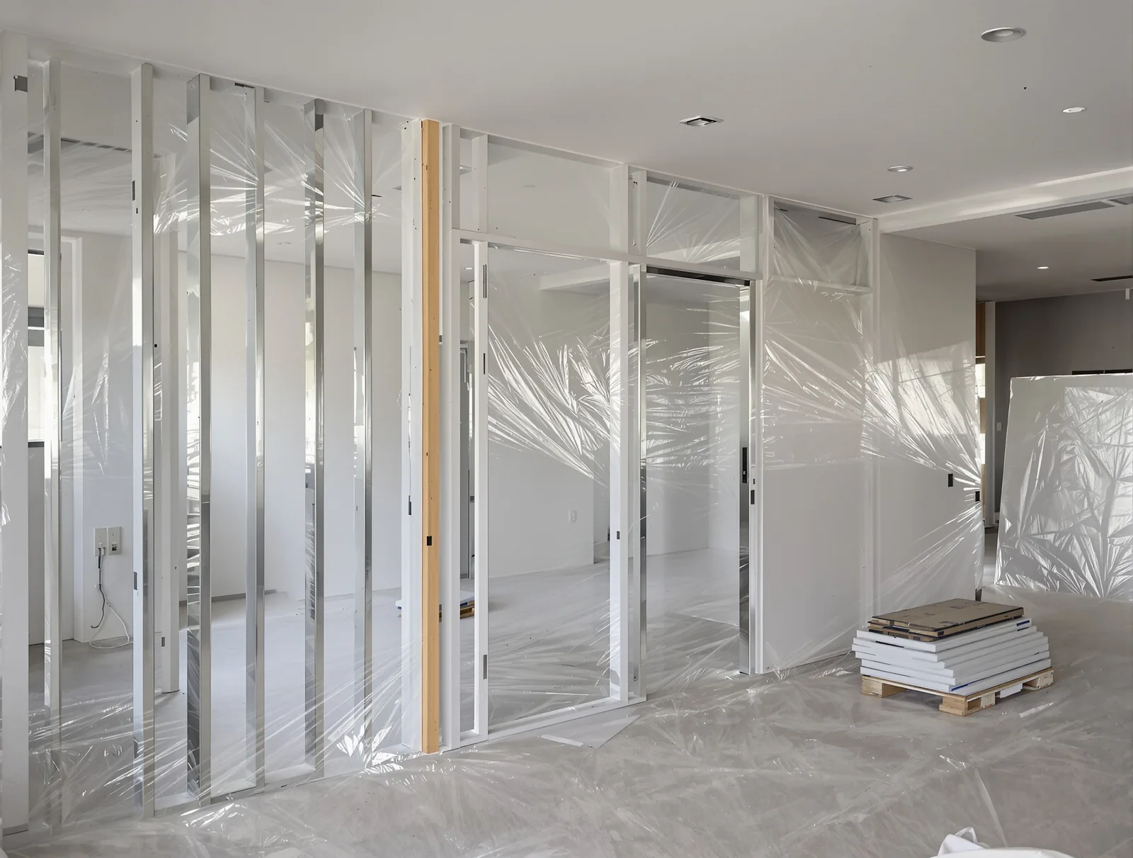 A consulting room being fitted out behind a floor-to-ceiling dust screen, with the rest of the suite still in use beyond it.