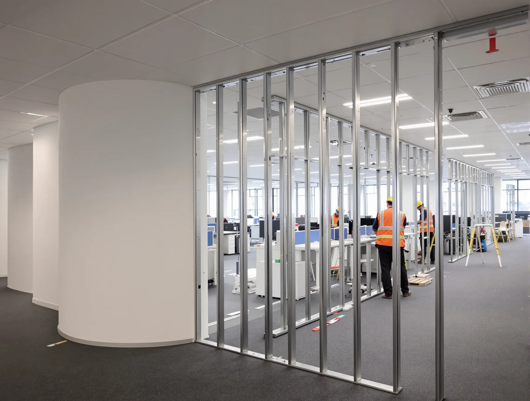 A steel stud partition frame being built on an office floor still in use, with tradespeople working on it and occupied workstations beyond.