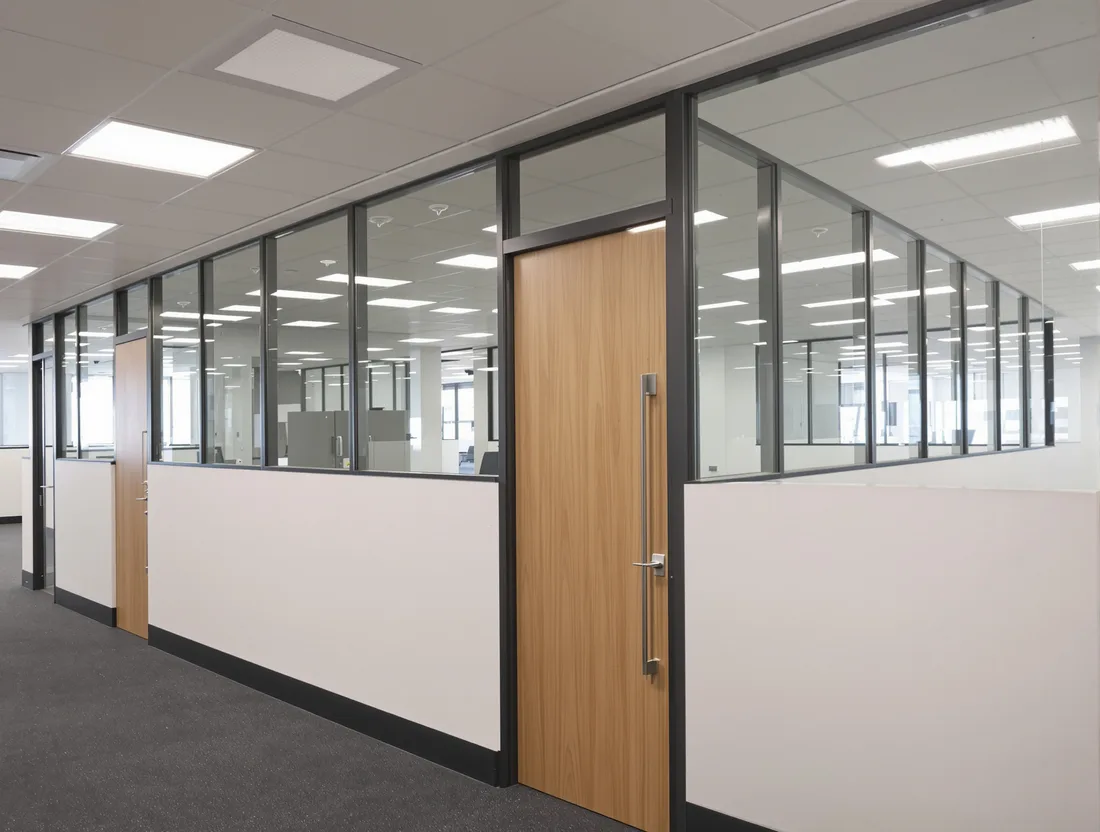 A composite partition, solid plasterboard below desk height with a band of glazing above it, running along an office corridor.
