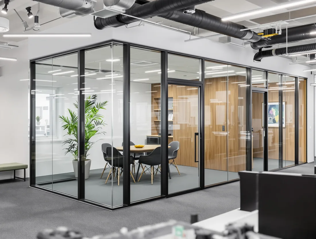 A black-framed glass partition wall forming meeting rooms inside a commercial office.