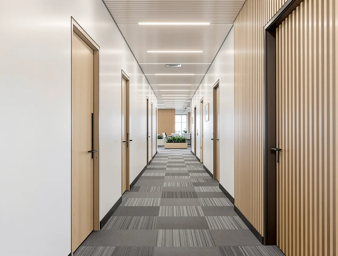A solid white plasterboard partition wall with a timber door, forming private offices.