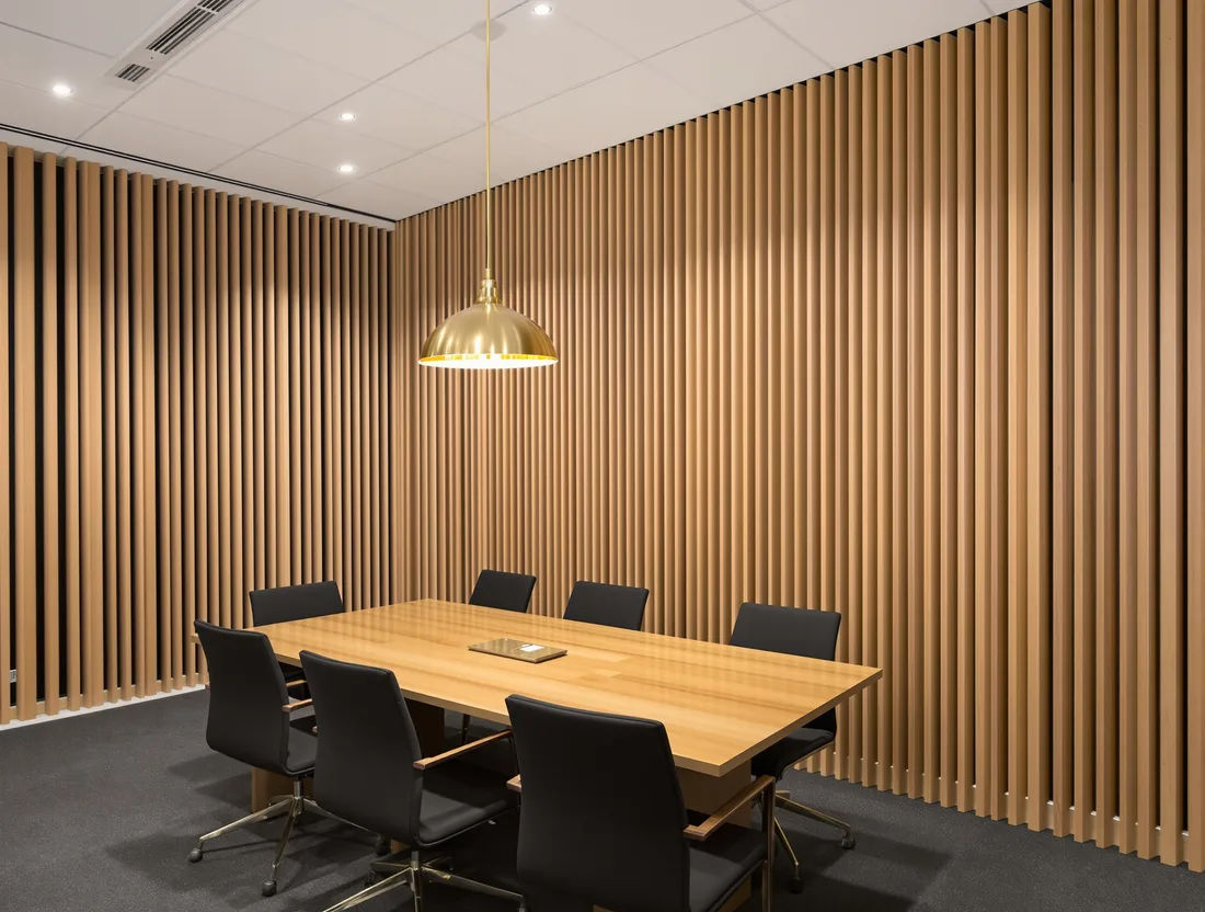 A boardroom with two full walls of timber acoustic slat panelling over black backing, enclosed by solid walls with no glazing into the room.