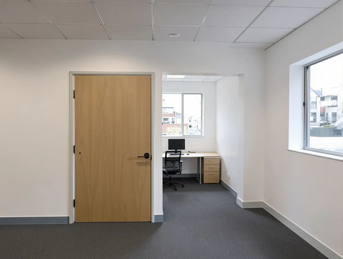 A private office behind solid plasterboard walls, with a desk, a window and the open-plan floor visible through the open door.