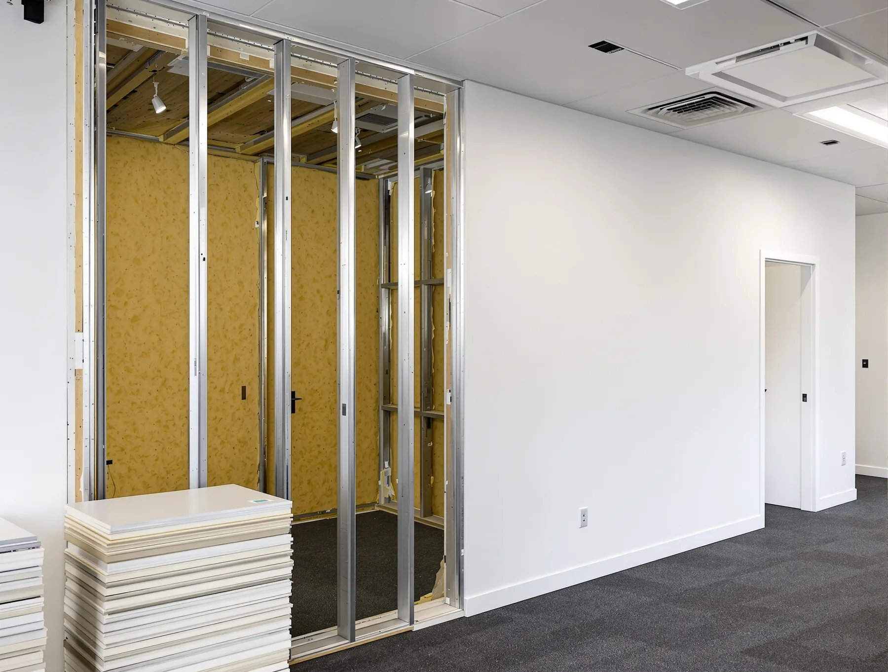 One partition wall at three stages: open steel framing with acoustic batts, then plasterboard fixed to one side, then the finished painted wall with a door.