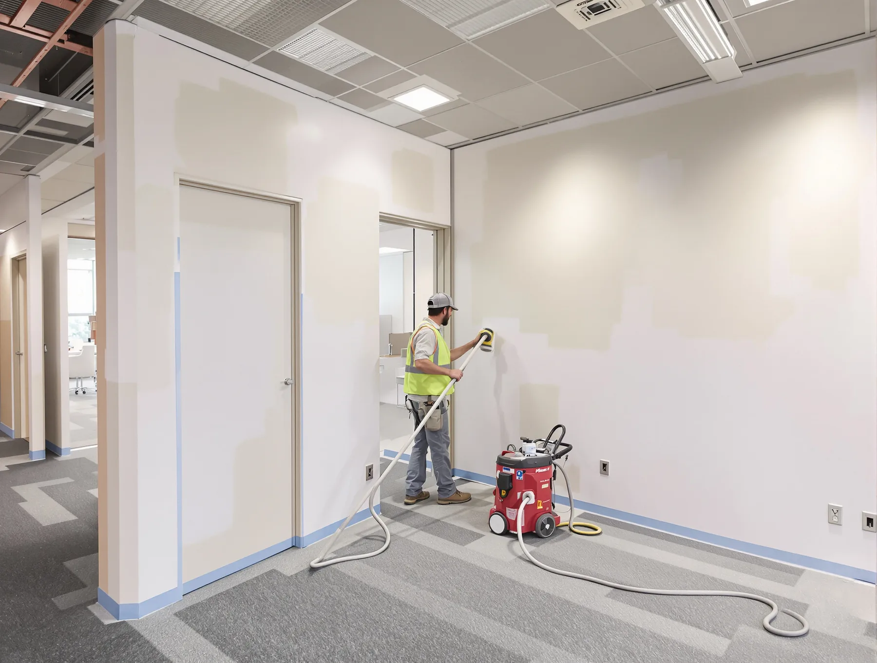 A tradesperson sanding a new plasterboard wall with a dust-extracting sander, the floor clean and the edges masked, with the office floor in use beyond.