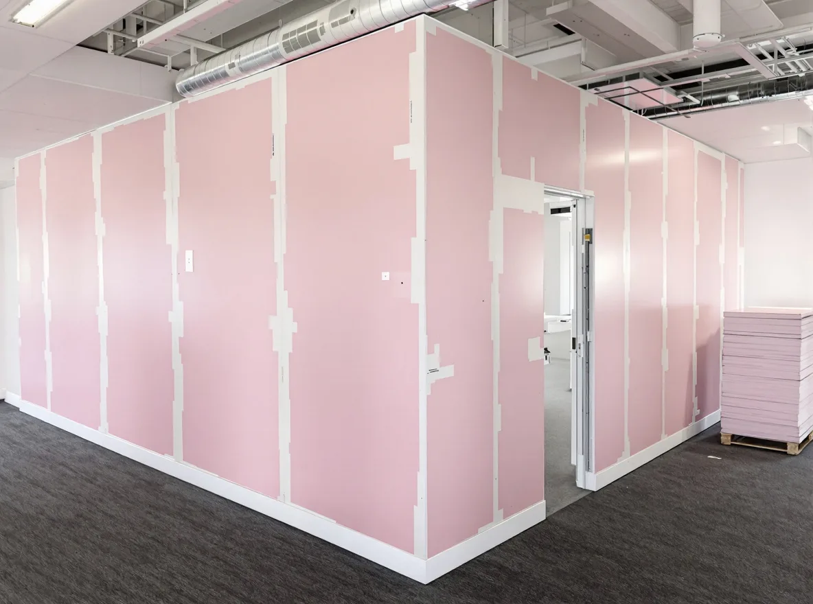 A fire-rated plasterboard partition part way through construction, lined in pink fire-rated board with the joints taped.