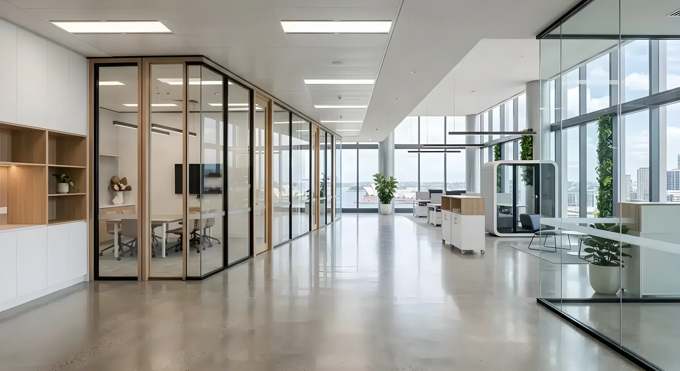 A fitted-out spec suite on a Sydney commercial floor: framed glass meeting rooms along one side, open plan beyond, and harbour views through the facade.
