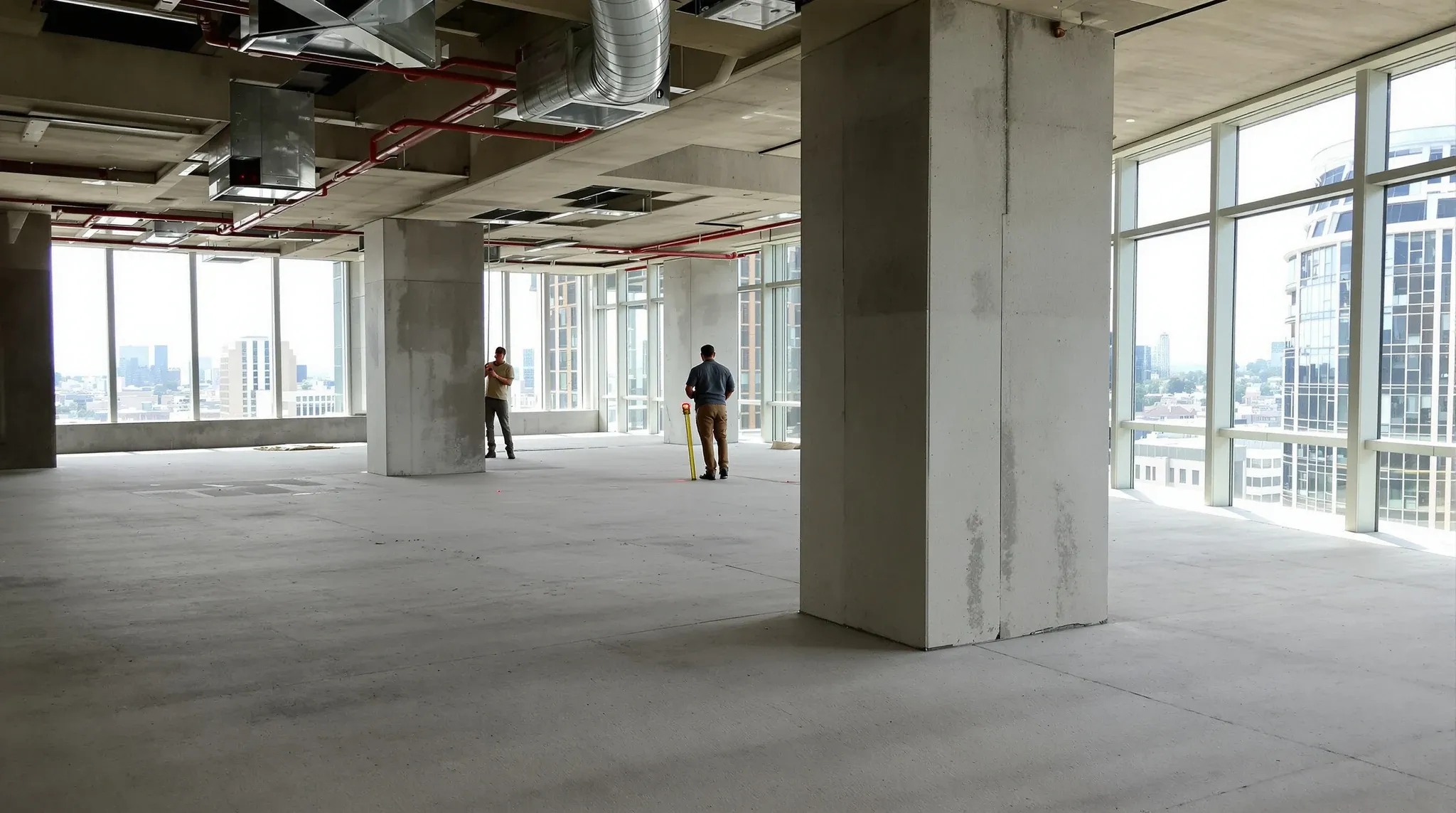A person measuring a stripped office floor with a laser measure in early morning light
