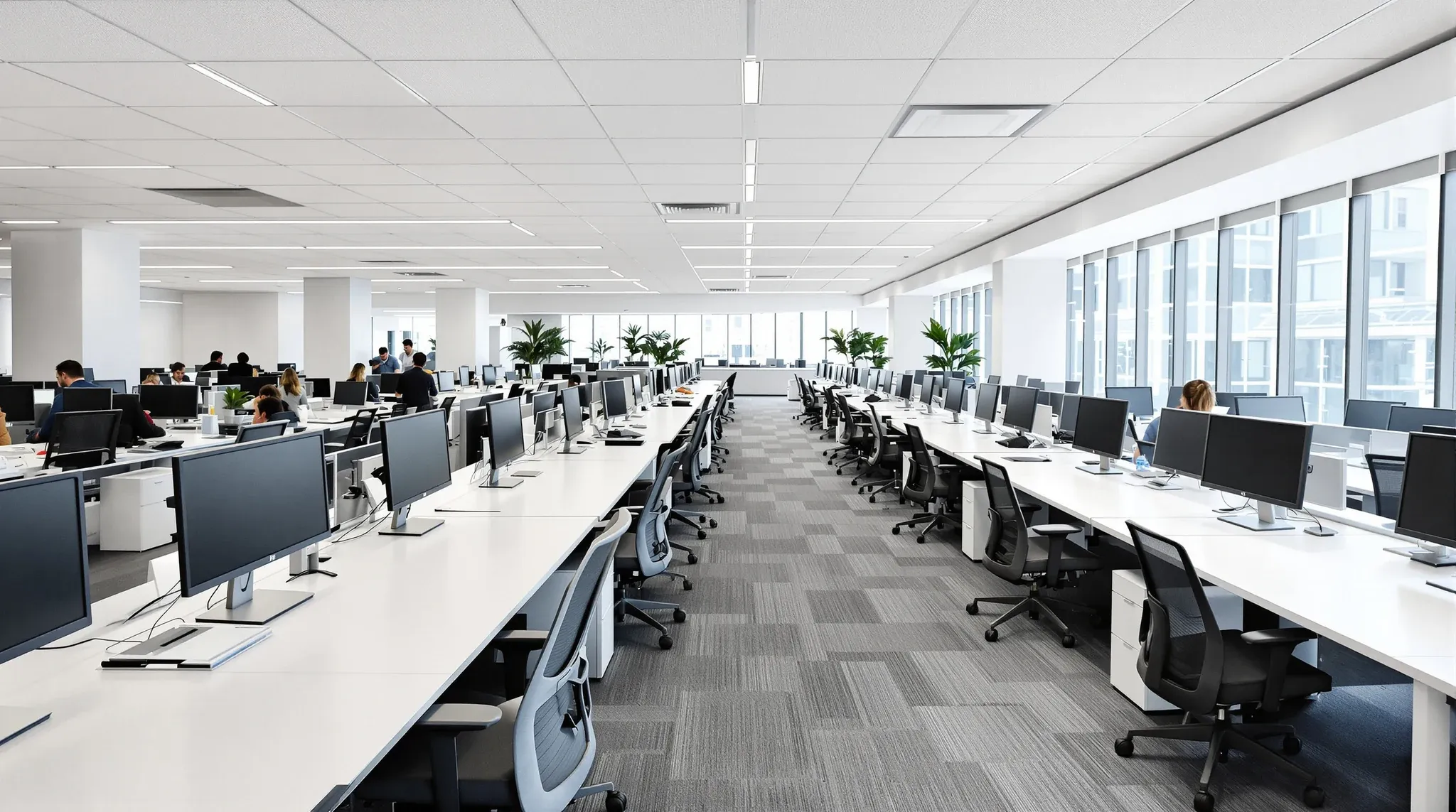 New empty desks set up at one end of an occupied office floor, ready for an incoming team